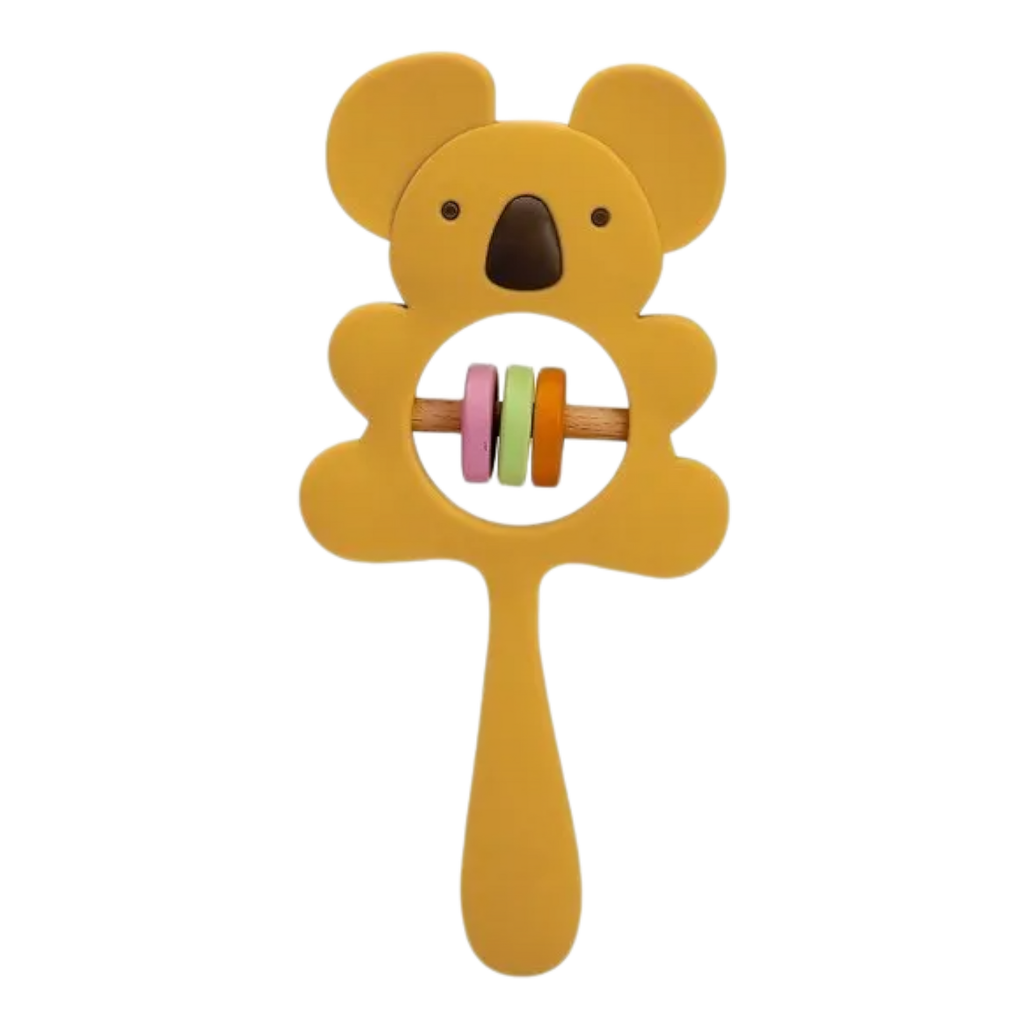 Die Hello World Koala Gelb aus Silikon [7x15cm] ist eine gelbe, koalaförmige Babyrassel mit einem Holzgriff und drei bunten Ringen - rosa, grün und gelb - im Inneren des Bauches.