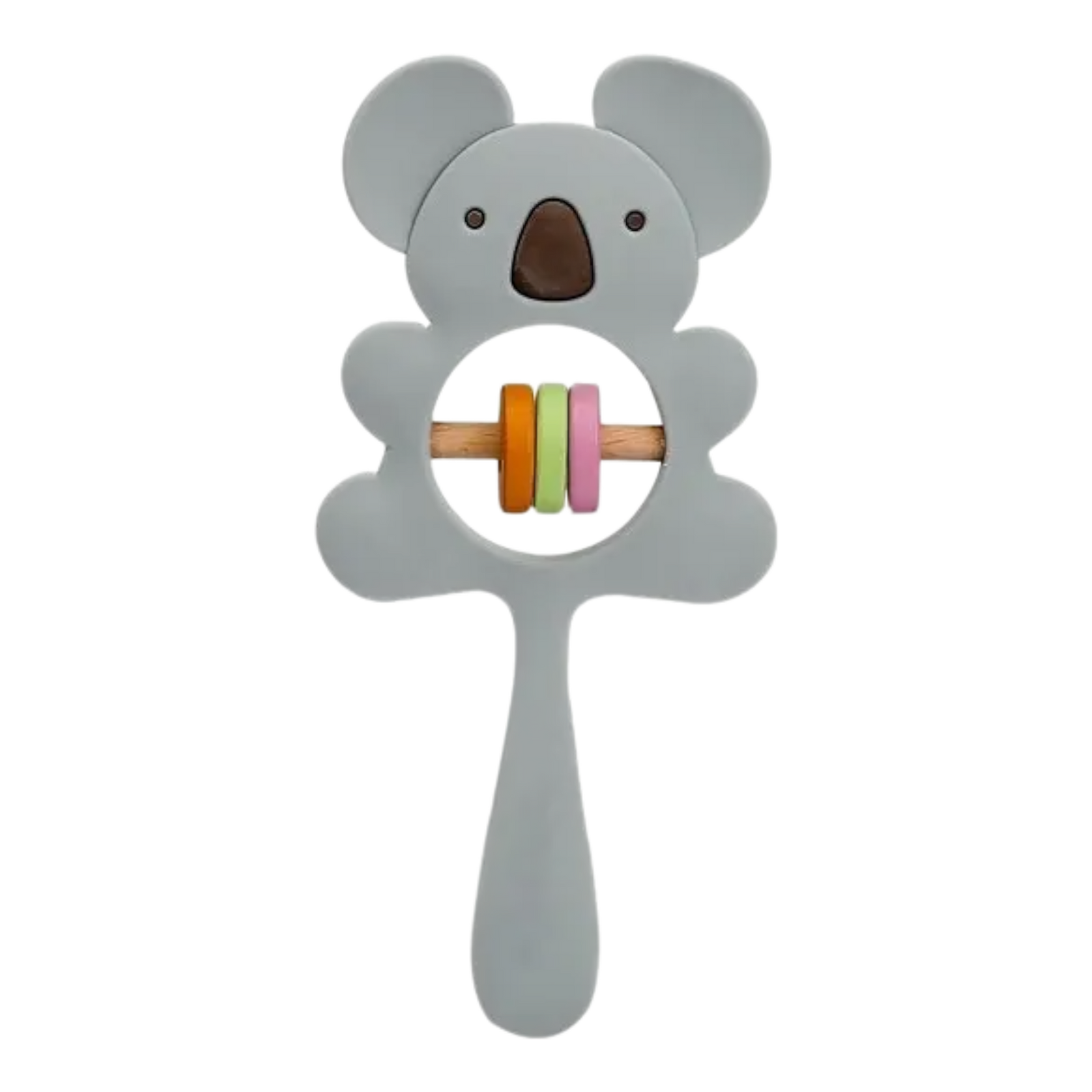 Die graue Koala-Rassel "Koala Grau aus Silikon [7x15cm]" von Hello World hat einen lebensmittelechten Silikongriff und drei bunte Ringe (orange, grün, pink) auf einer Holzstange in der Mitte.
