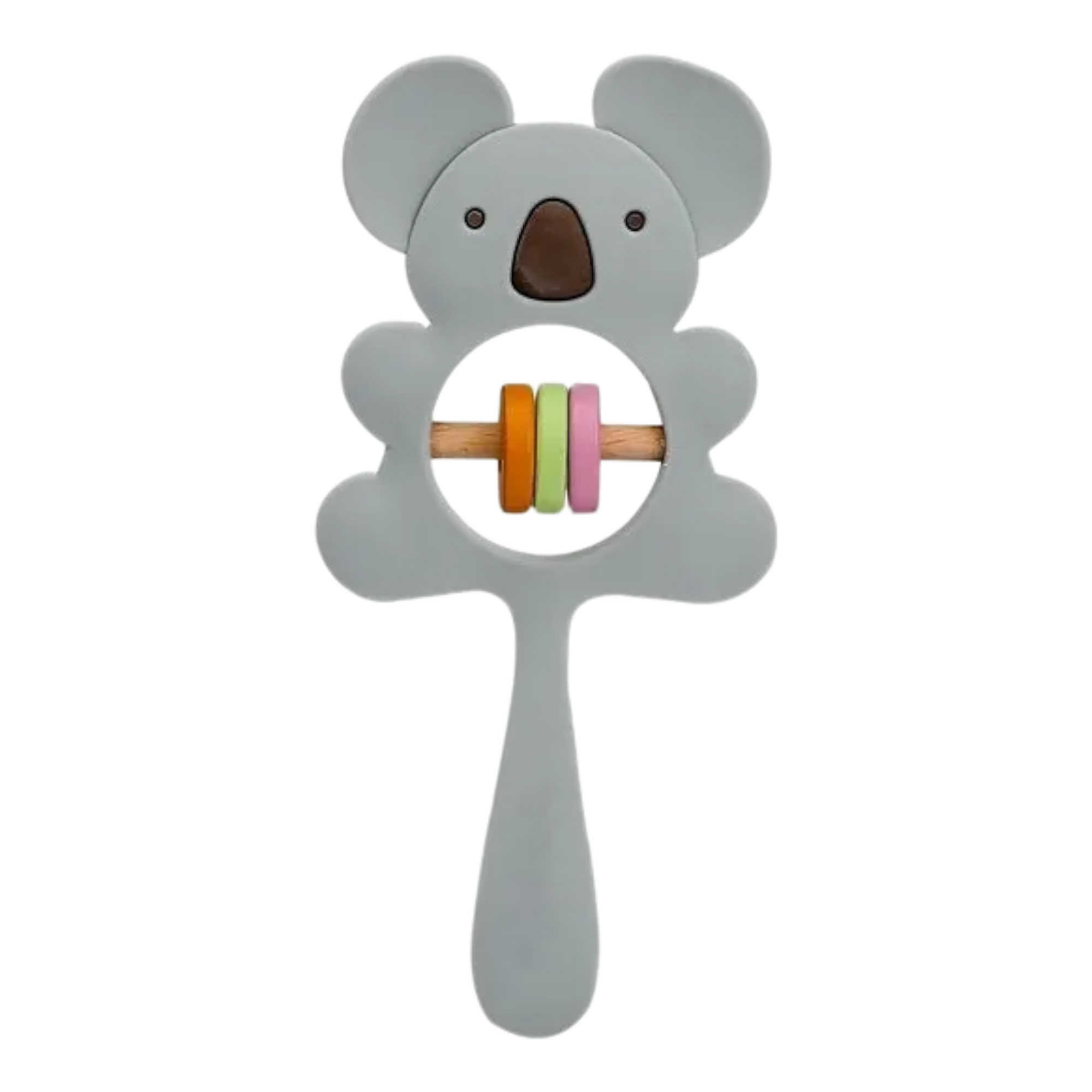 Die graue Koala-Rassel "Koala Grau aus Silikon [7x15cm]" von Hello World hat einen lebensmittelechten Silikongriff und drei bunte Ringe (orange, grün, pink) auf einer Holzstange in der Mitte.