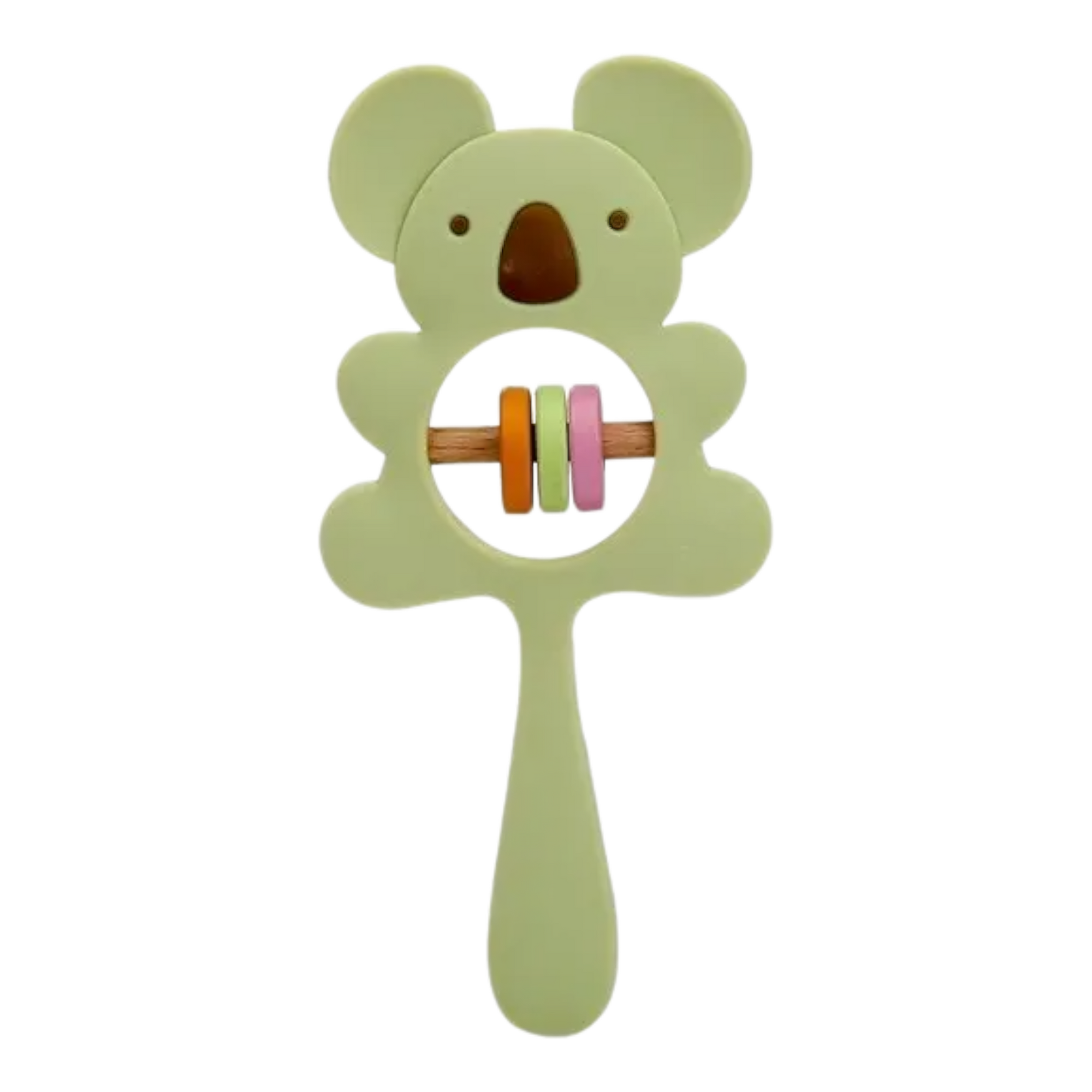 Die Koala Grün aus Silikon [7x15cm] Baby-Rassel von Hello World besteht aus lebensmittelechtem Silikon mit Griff, Loch in der Mitte und drei bunten Ringen (orange, gelb, pink) auf einem Holzstab im Inneren.