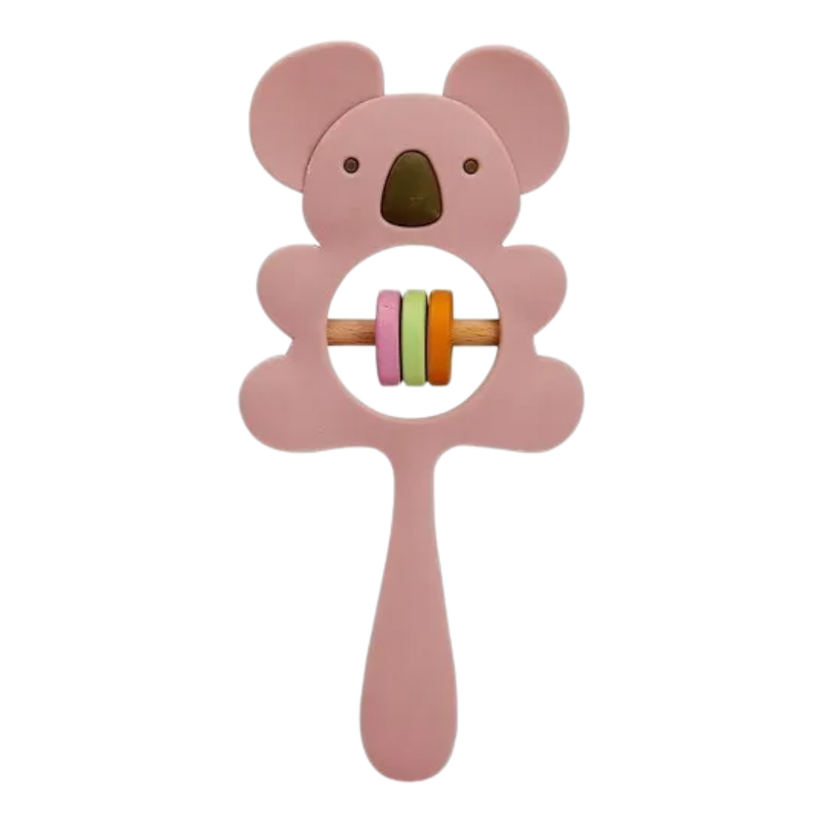 Der Koala Rosa aus Silikon [7x15cm] von Hello World ist eine Baby-Rassel im kuscheligen Design mit Griff und drei bunten Perlen (rosa, gelb, grün) auf einem Stab aus lebensmittelechtem Silikon.