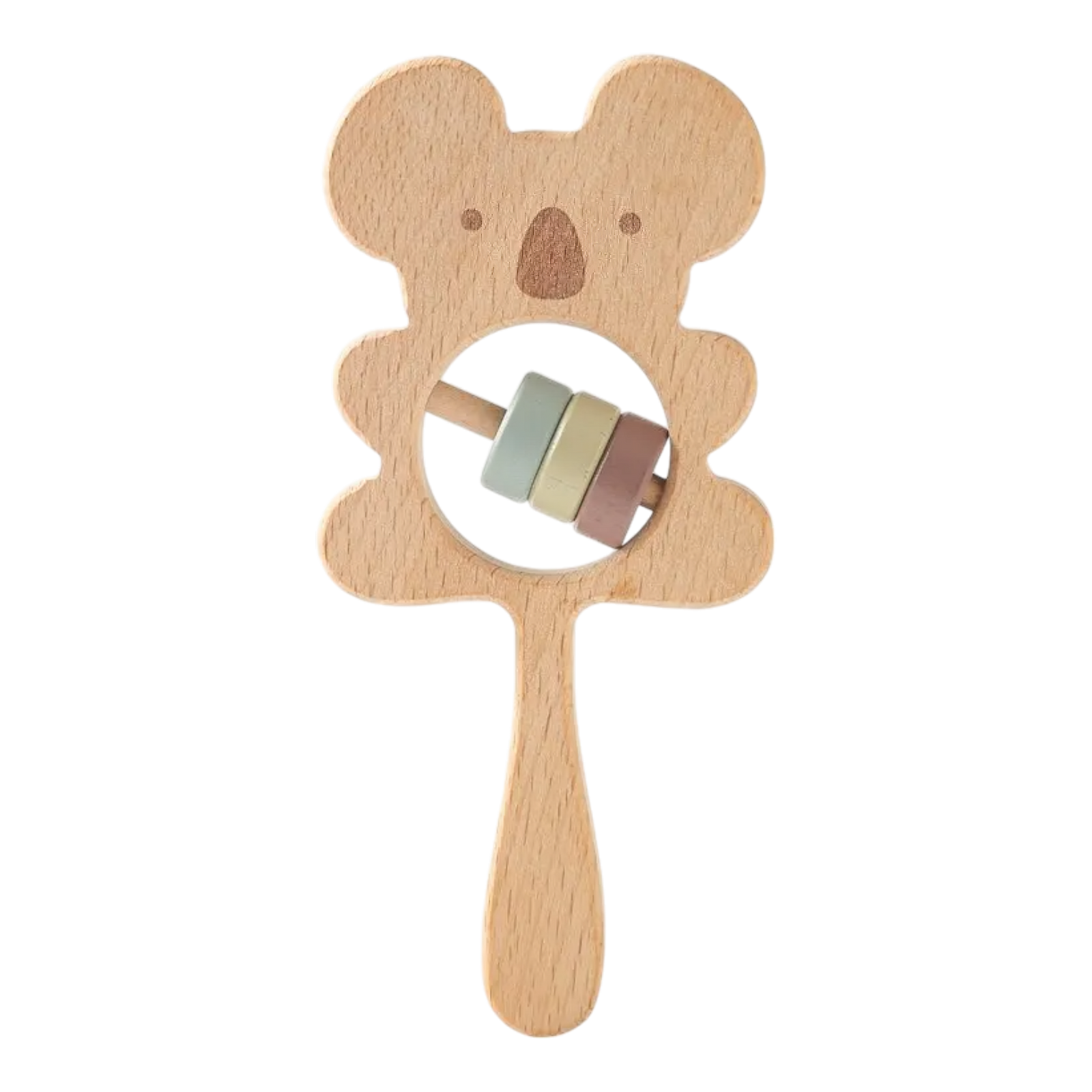 Der "Koala aus Holz" [7x15cm] von Hello World ist eine Babyrassel in Form eines Koalas, gefertigt aus nachhaltigem Naturholz mit pastellgrünen, beigen und braunen Ringen - ideal für ein australisches Kinderzimmer.