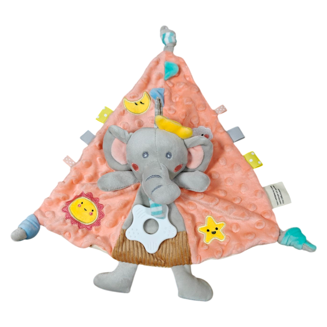 Das Hello World Kuscheldreieck Elefant [30x30cm] ist eine weiche, rosafarbene Baby-Kuscheldecke mit einem plüschigen grauen Elefanten in der Mitte, bunten Anhängern und aufgestickten Sonnen- und Sternenmotiven - ideal als sanfte Baby-Einschlafhilfe.