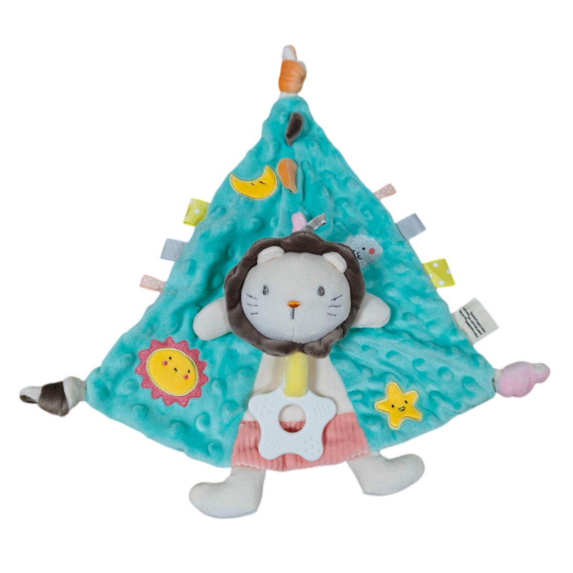 Das Kuscheldreieck Löwe [30x30cm] von Hello World ist eine weiche, dreieckige Bettdecke mit einem plüschigen Löwengesicht, bunten Randanhängern und niedlichen Sonnen-, Stern- und Monddekorationen - perfekt für jedes Kinderzimmer.