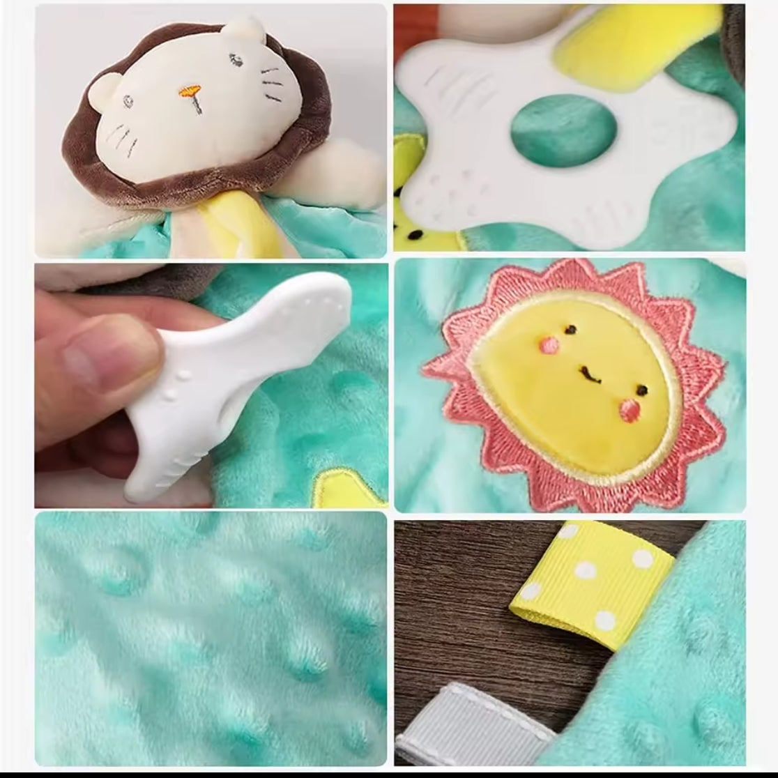 Eine Collage zeigt das Hello World Kuscheldreieck Löwe [30x30cm] mit Plüschlöwengesicht, Beißring, gestickter Sonne, mintgrünem Strukturstoff mit Punkten und Schleifenanhängern - entzückend als Kuscheltier Löwe und Kinderzimmer Deko.