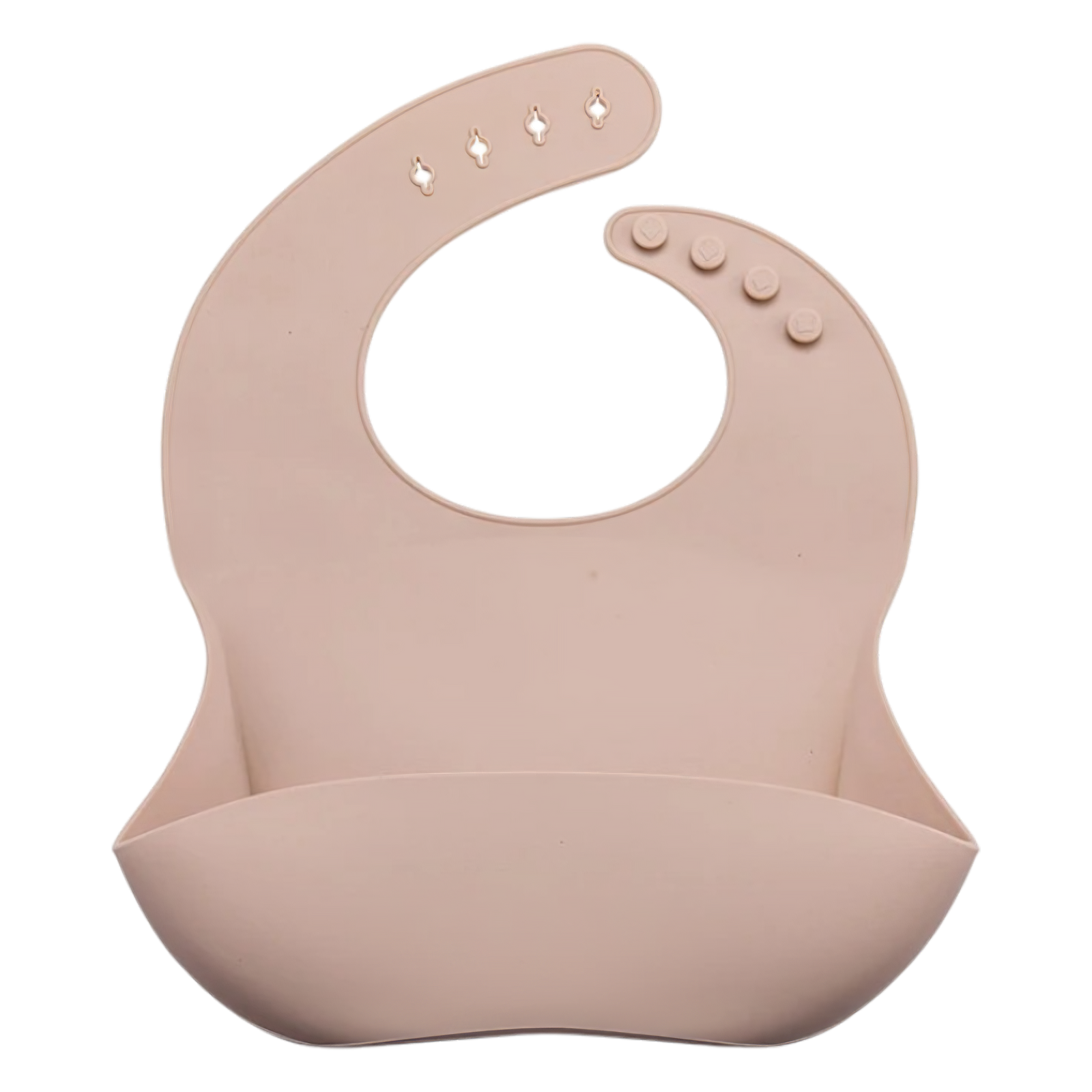 Der Hello World Latz aus Silikon Beige [22x30cm] ist BPA-frei, hat ein verstellbares Halsband und eine breite, wasserfeste Auffangtasche am unteren Rand für Essensreste.