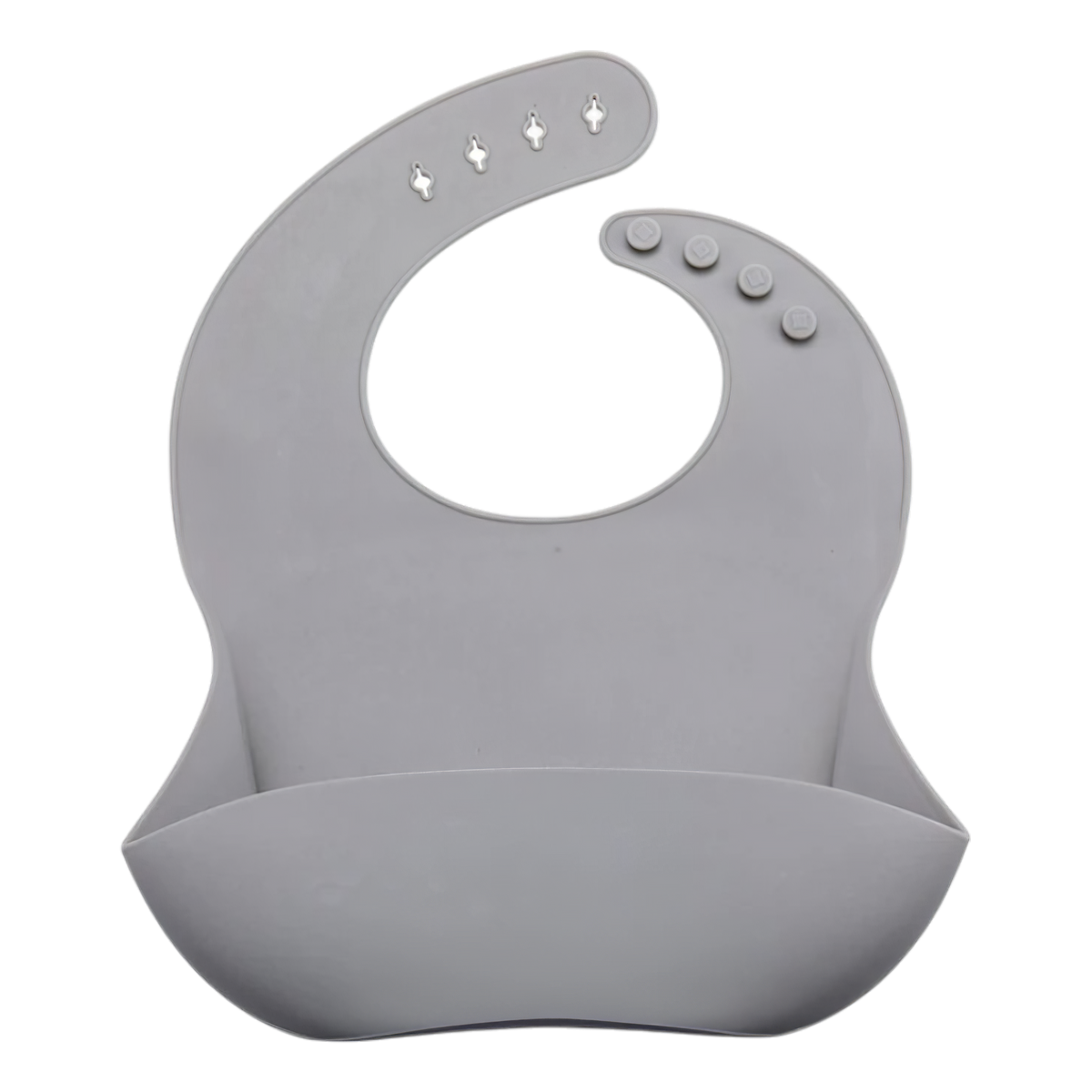 Der Latz aus Silikon Grau [22x30cm] von Hello World ist wasserfest, hat einen gebogenen Hals, verstellbaren Knopfverschluss und eine tiefe Vordertasche - ideal zum Auffangen von Essensresten bei jeder Mahlzeit.