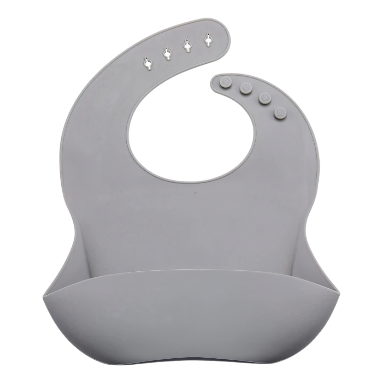 Der Latz aus Silikon Grau [22x30cm] von Hello World ist wasserfest, hat einen gebogenen Hals, verstellbaren Knopfverschluss und eine tiefe Vordertasche - ideal zum Auffangen von Essensresten bei jeder Mahlzeit.