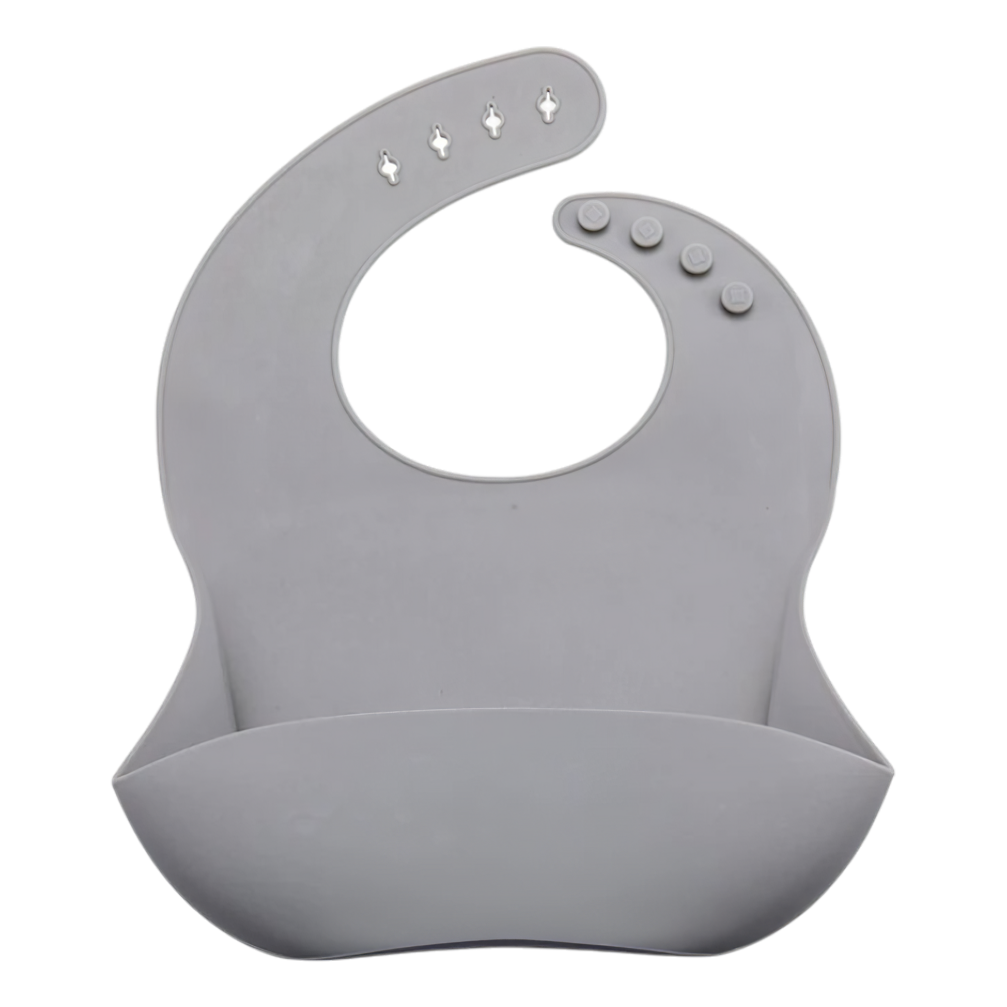 Der Latz aus Silikon Grau [22x30cm] von Hello World ist wasserfest, hat einen gebogenen Hals, verstellbaren Knopfverschluss und eine tiefe Vordertasche - ideal zum Auffangen von Essensresten bei jeder Mahlzeit.