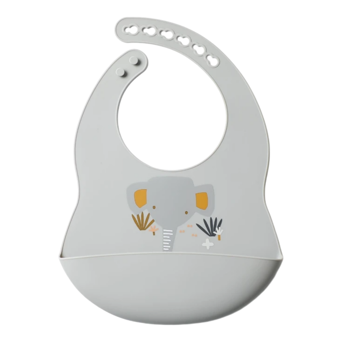 Der Hello World Latz mit Motiv Silikon Grau [30x21cm] zeigt einen niedlichen Elefanten und Pflanzen, ist wasserfest, hat verstellbare Gurte mit mehreren Löchern und eine große Bodentasche zum Auffangen von Essen.