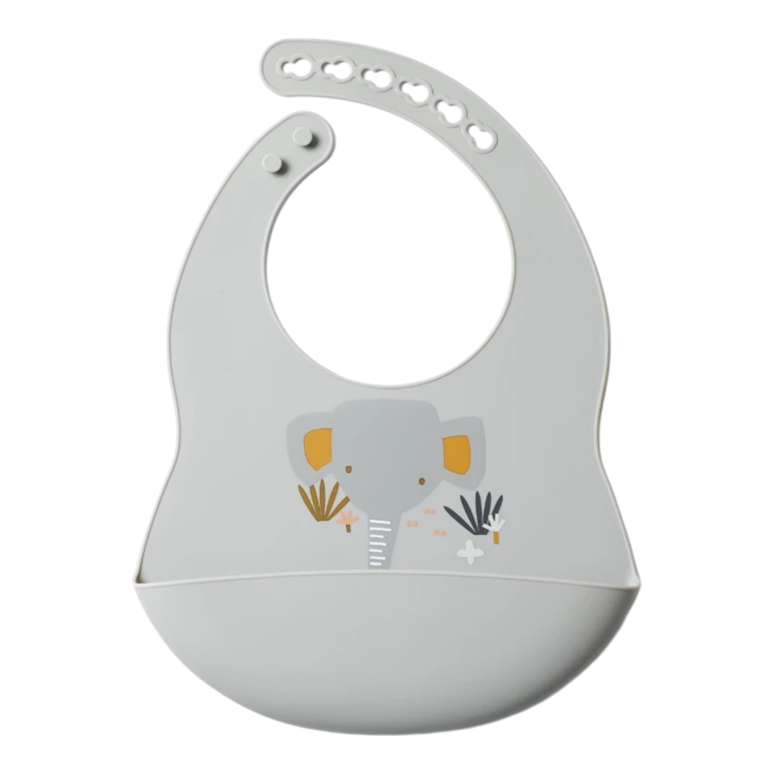 Der Hello World Latz mit Motiv Silikon Grau [30x21cm] zeigt einen niedlichen Elefanten und Pflanzen, ist wasserfest, hat verstellbare Gurte mit mehreren Löchern und eine große Bodentasche zum Auffangen von Essen.