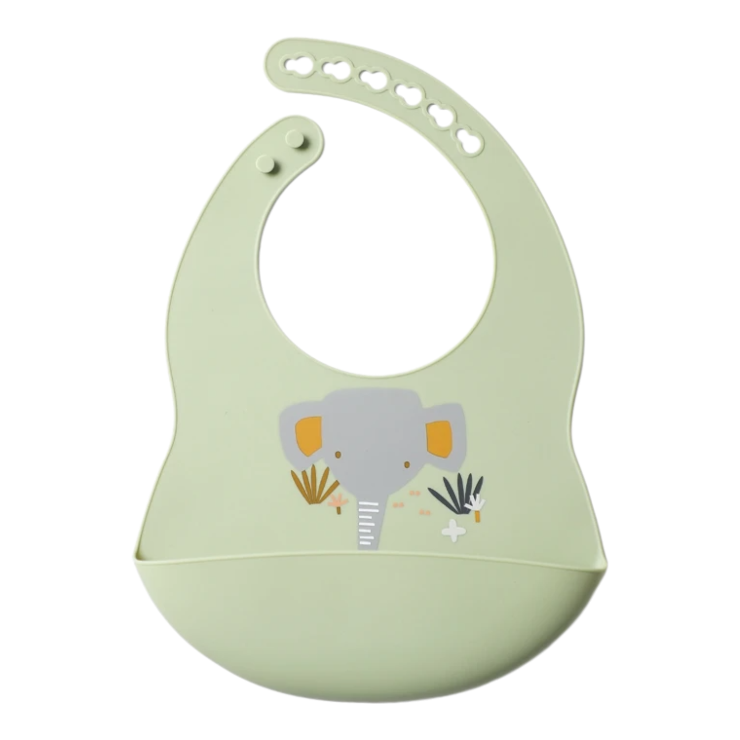 Der "Latz mit Motiv Silikon Grün [30x21cm]" von Hello World zeigt naturinspirierte Motive wie einen grauen Elefanten und Blätter. Der nachhaltige Babylatz hat verstellbaren Riemen und tiefe Tasche zum Auffangen von Essen.