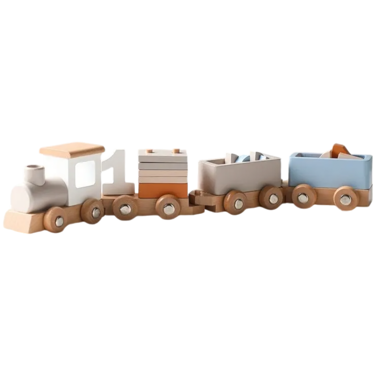 Die Hello World Lokomotive aus Holz [34,5x6,4cm] besteht aus drei zusammenhängenden Waggons in neutralen Farbtönen, hergestellt aus nachhaltigem Naturholz. Jeder Wagen hat Räder und kann stapeln oder Blöcke tragen - ideal für kleine Eisenbahn-Abenteuer.