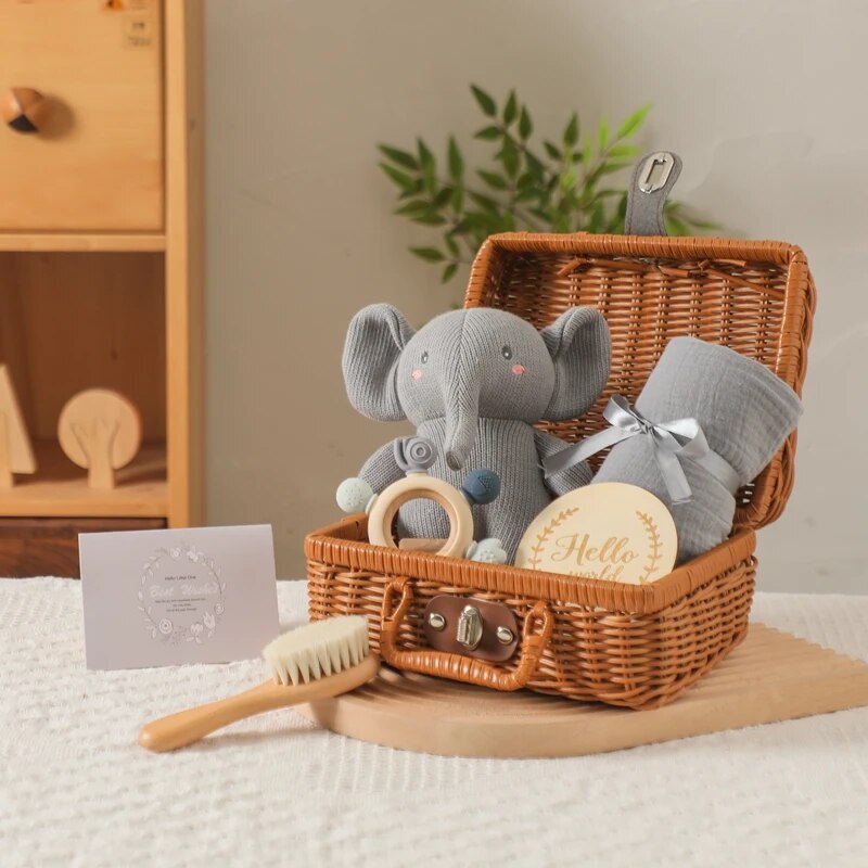 Das Matteo Baby Geschenk zur Geburt von Hello World besteht aus einem Weidenkorb mit einem grauen Plüschelefanten, einer grauen Decke, einem Holz-Silikon-Beißring, einer "Hello"-Plakette, einer Babybürste und einer Karte - ideal für die Begrüßung eines Neugeborenen.