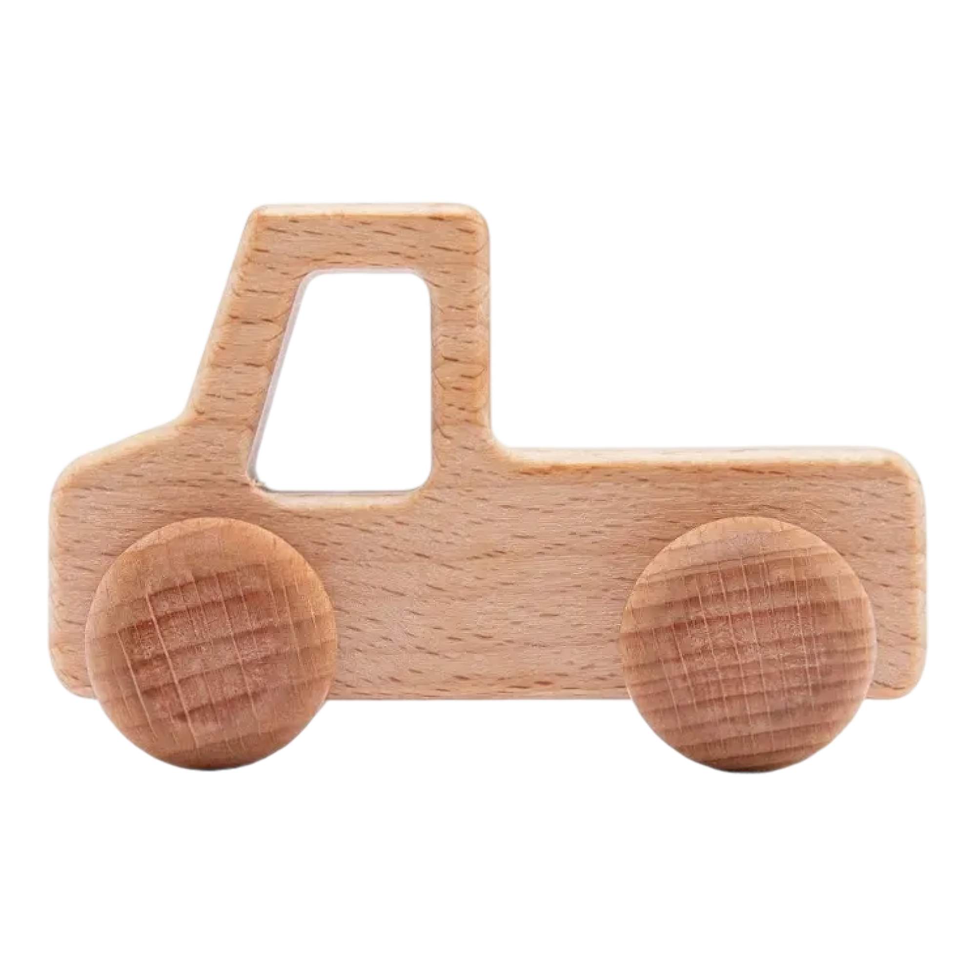 Der Pickup aus Holz [9x4,5cm] von Hello World ist ein schlichtes, handgefertigtes Spielzeug mit Cut-out-Fenster und zwei Rädern aus hellem Holz - ein schönes Beispiel für nachhaltiges Design auf weißem Hintergrund.