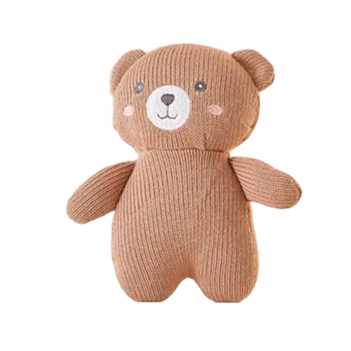 Der Hello World Plüschtier Bär [17x16cm] ist ein weicher, handgefertigter brauner Bär mit einem lächelnden Gesicht, runden Ohren und rosa Wangen, der aufrecht vor einem schlichten weißen Hintergrund abgebildet ist.