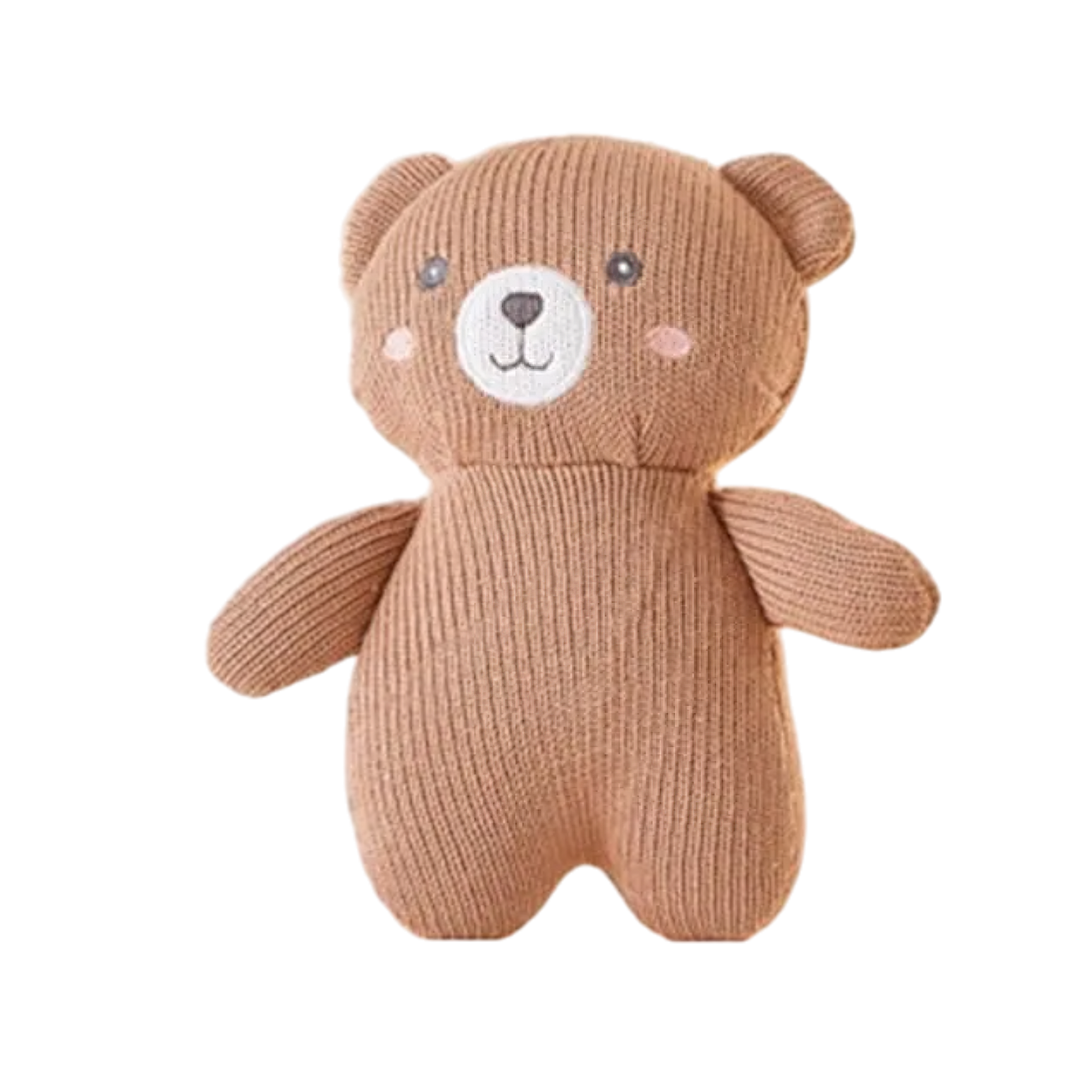 Der Hello World Plüschtier Bär [17x16cm] ist ein weicher, handgefertigter brauner Bär mit einem lächelnden Gesicht, runden Ohren und rosa Wangen, der aufrecht vor einem schlichten weißen Hintergrund abgebildet ist.