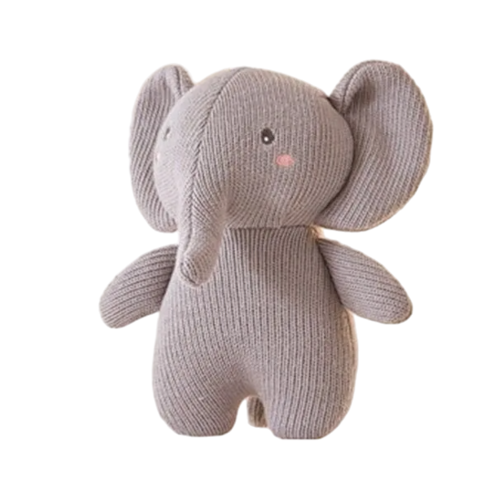 Der Hello World Plüschtier Elefant [14x16cm] ist ein weicher, grauer Plüschelefant mit großen Ohren, einem langen Rüssel und einer kleinen rosa Röte auf der Wange, der vor einem weißen Hintergrund abgebildet ist.