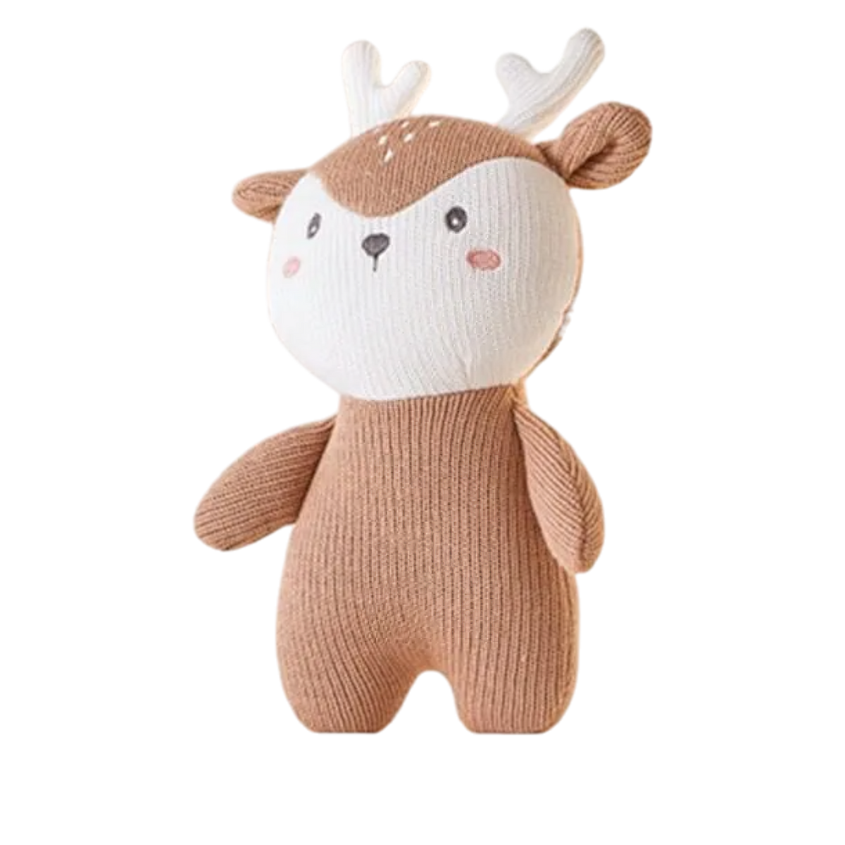 Das Plüschtier Hirsch [16x20cm] von Hello World ist handgefertigt, hat einen hellbraunen Körper, weißes Gesicht, rosa Bäckchen und weiße Geweihe - ein perfektes Geschenk für Kinder.
