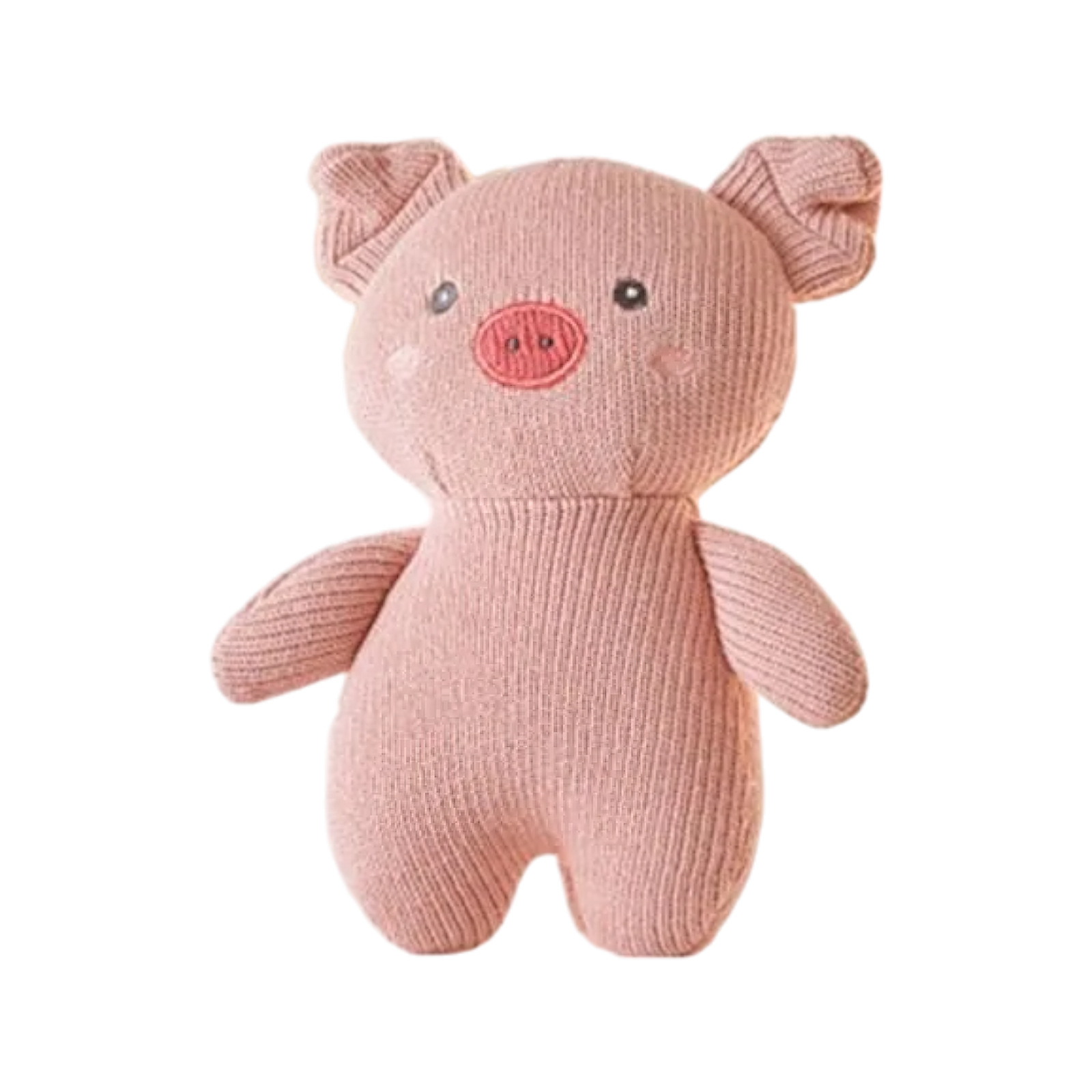 Das Hello World Plüschtier Schweinchen [18x14cm] ist ein weiches, rosafarbenes Plüschschweinchen mit rundem Körper, kurzen Gliedmaßen, aufrechten Ohren, rosa Schnauze und schwarzen Knopfaugen - ein charmanter Glücksbringer für jede Gelegenheit.