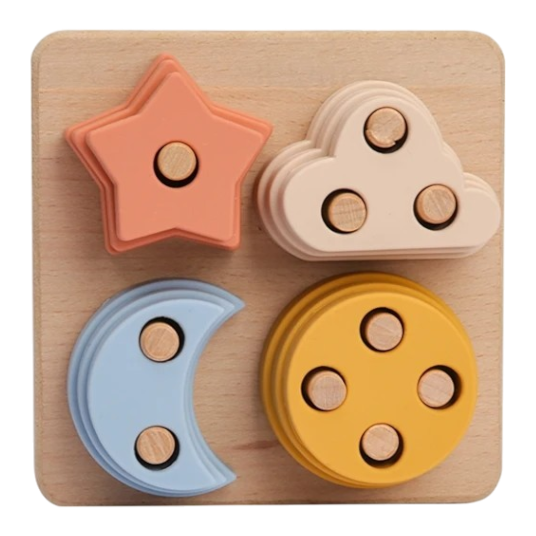 Das Hello World Puzzle [13x5,5cm] bietet vier pastellfarbene Formen mit Holzgriff-rosa Stern, beiger Wolke, blauem Halbmond und gelbem Kreis-für spielerisches Lernen und Denkförderung bei Kindern.