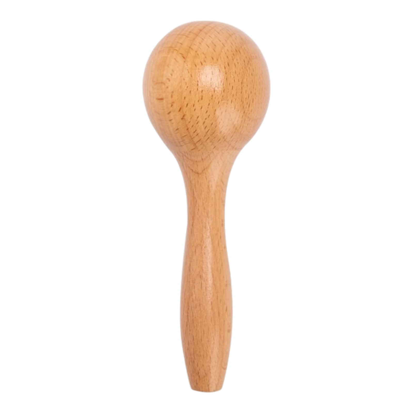 Die Rassel klein [5x15cm] von Hello World ist ein handgefertigtes Holz-Instrument mit abgerundetem Kopf und glattem, langem Griff - ein ideales Mini-Musikinstrument für Babys und erste Musikerfahrungen, abgebildet vor weißem Hintergrund.