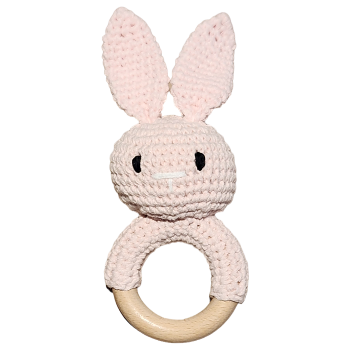Der Rasseltier Hase Rosa [6x15cm] von Hello World ist ein handgefertigtes Babyspielzeug mit langen Ohren am Holzring - das perfekte Geschenk für kleine Prinzessinnen.