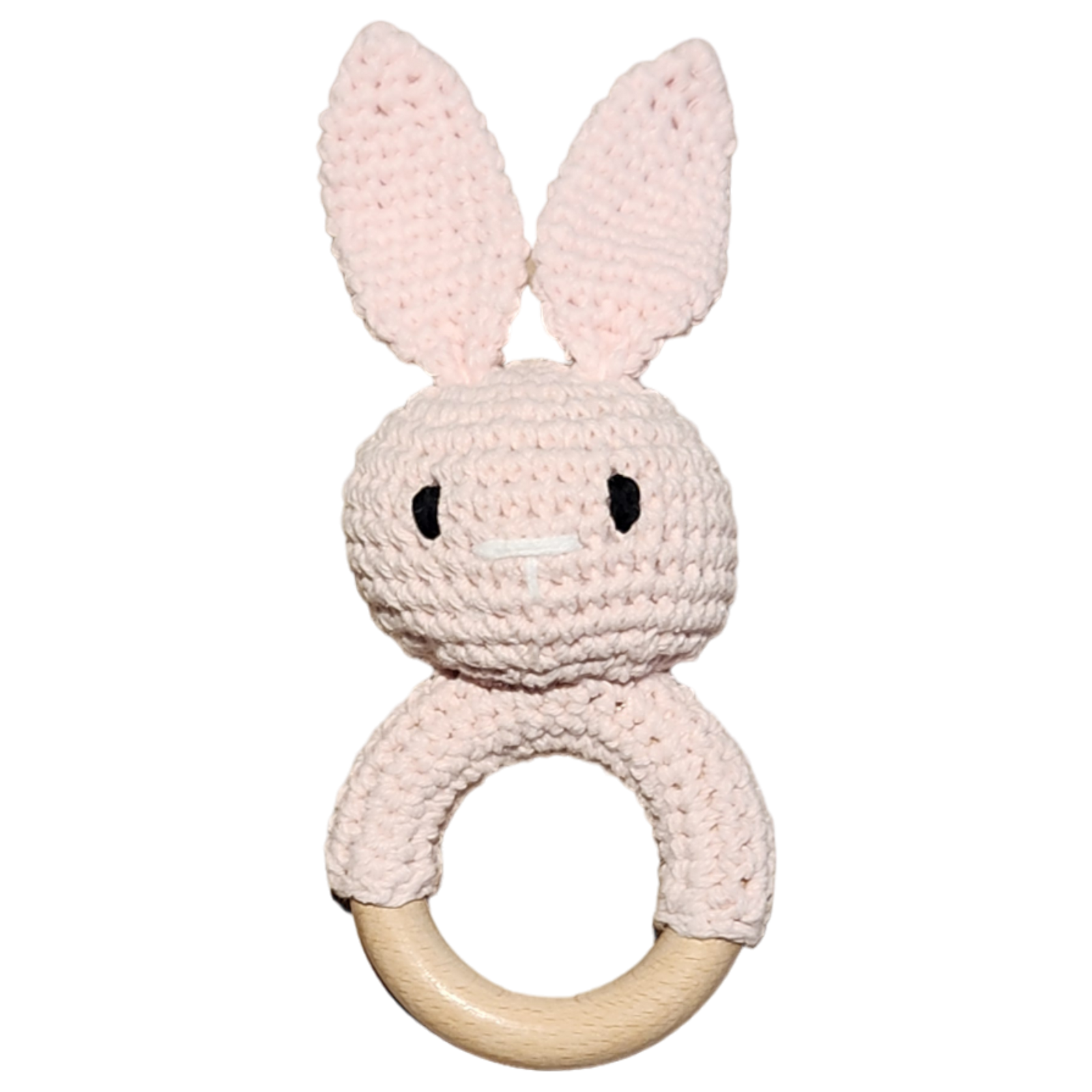 Der Rasseltier Hase Rosa [6x15cm] von Hello World ist ein handgefertigtes Babyspielzeug mit langen Ohren am Holzring - das perfekte Geschenk für kleine Prinzessinnen.