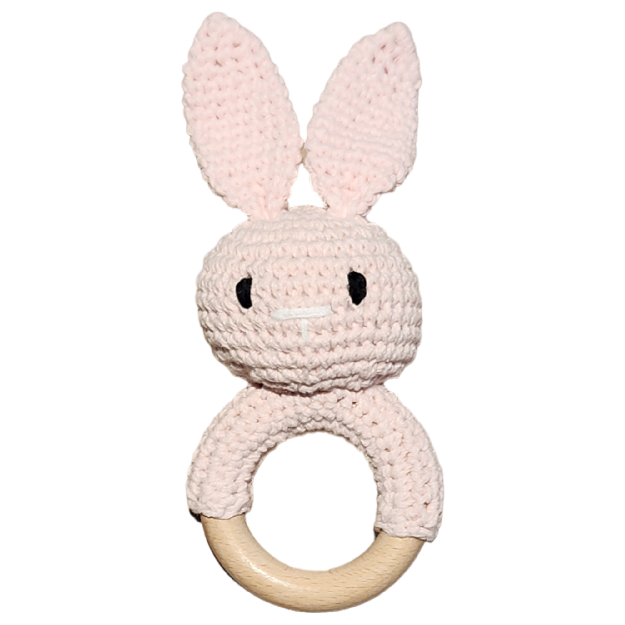 Der Rasseltier Hase Rosa [6x15cm] von Hello World ist ein handgefertigtes Babyspielzeug mit langen Ohren am Holzring - das perfekte Geschenk für kleine Prinzessinnen.