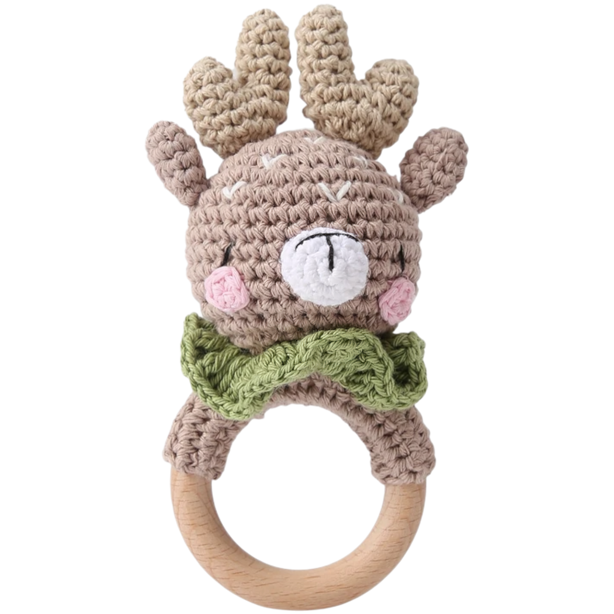 Der handgemachte Rasseltier Hirsch [6x14cm] von Hello World mit rosa Bäckchen, grüner Rüsche und glattem Holzring ist das perfekte Babyspielzeug - nutzbar als niedliche Rassel oder Beißring.