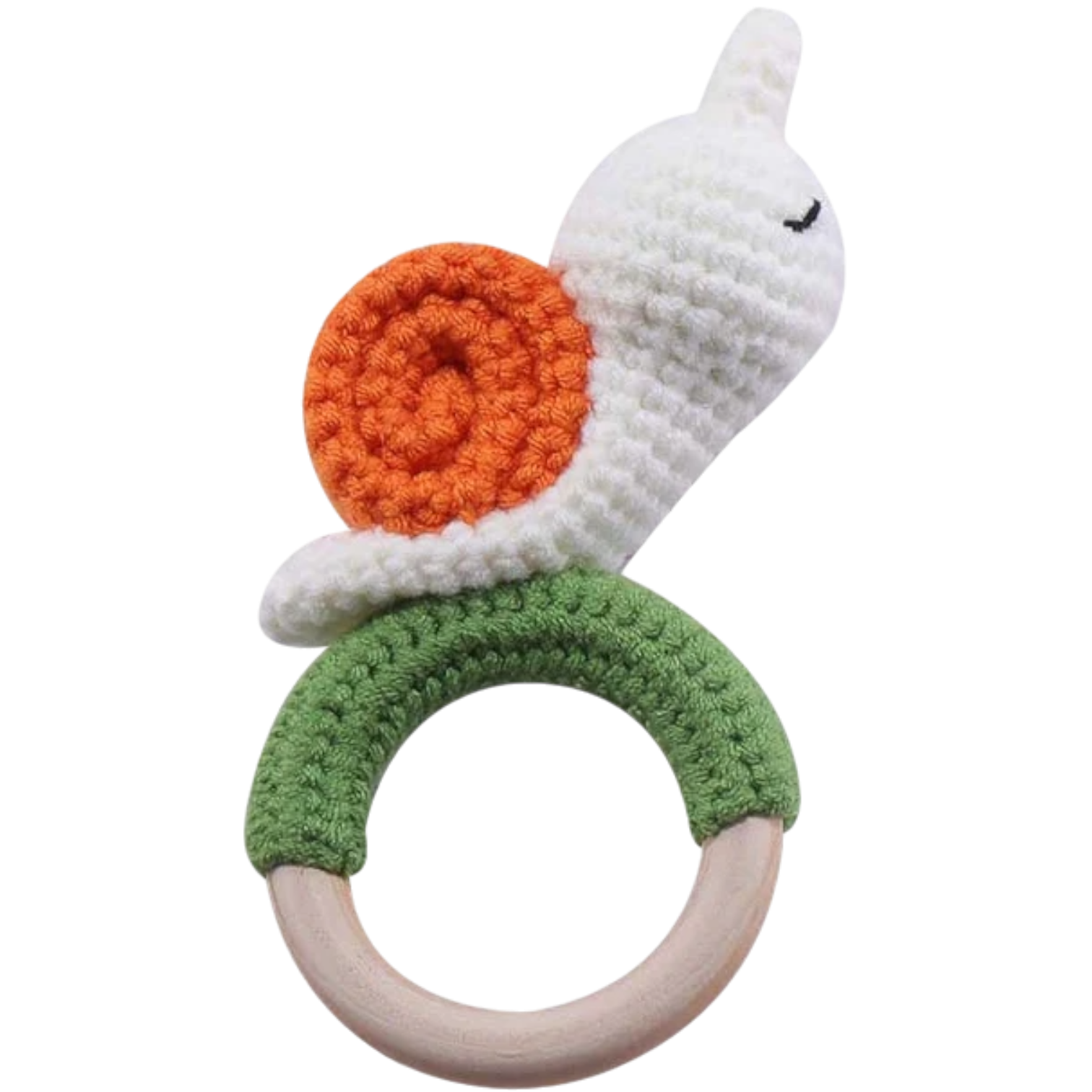 Die Rasseltier Schnecke [10x13cm] von Hello World ist ein handgefertigtes Babyspielzeug mit orangefarbener Spiralschale, weißem Körper und grünem Ringgriff aus Holz - ideal als entspannendes Spielzeug für kleine Hände.