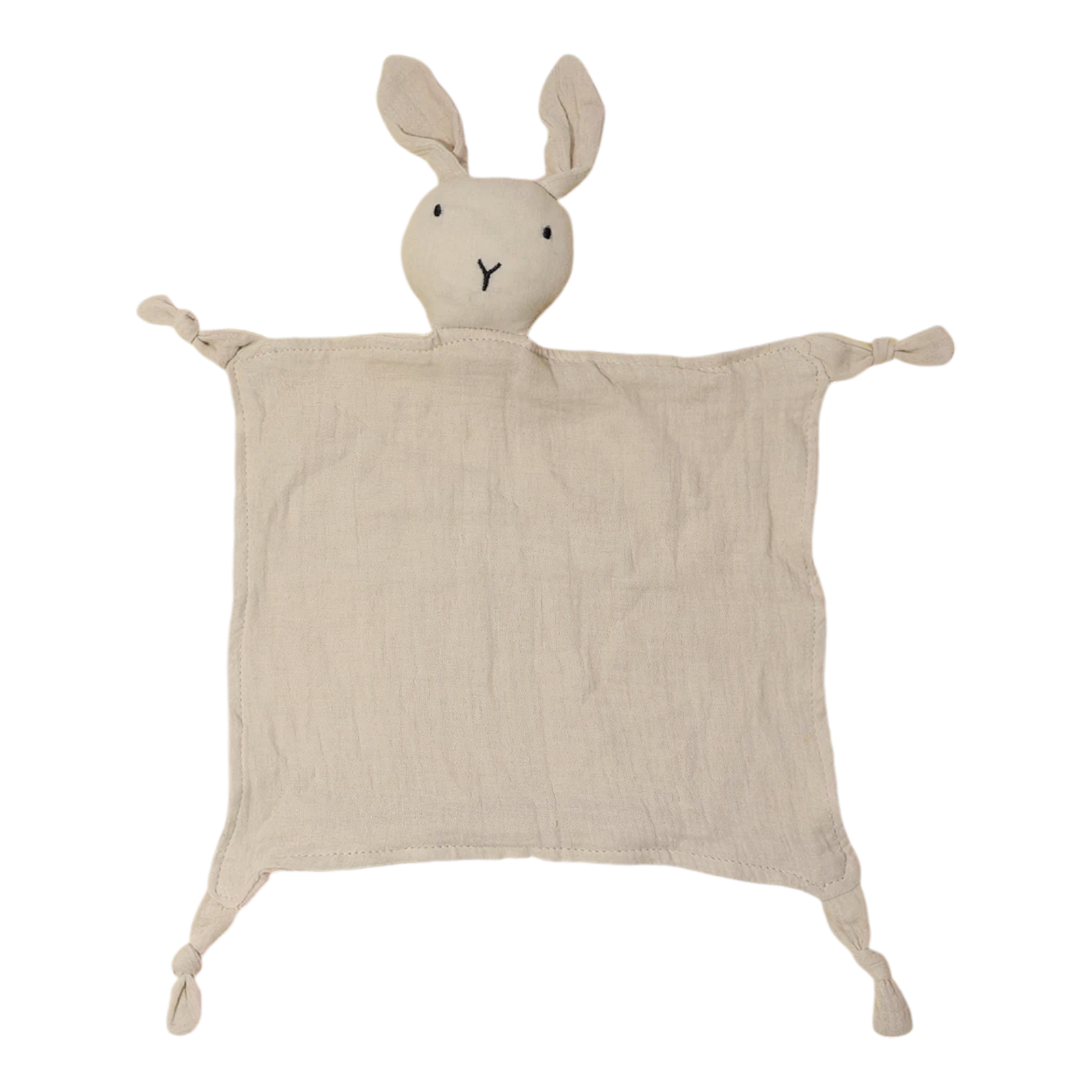 Der Hello World Schnuffel Beige [33x46cm] ist eine weiche, beigefarbene Kuscheldecke mit Hasenkopf und geknoteten Ecken, die als kuscheliges Kuscheltier und Schlafbegleiter für Babys und Kleinkinder dient.