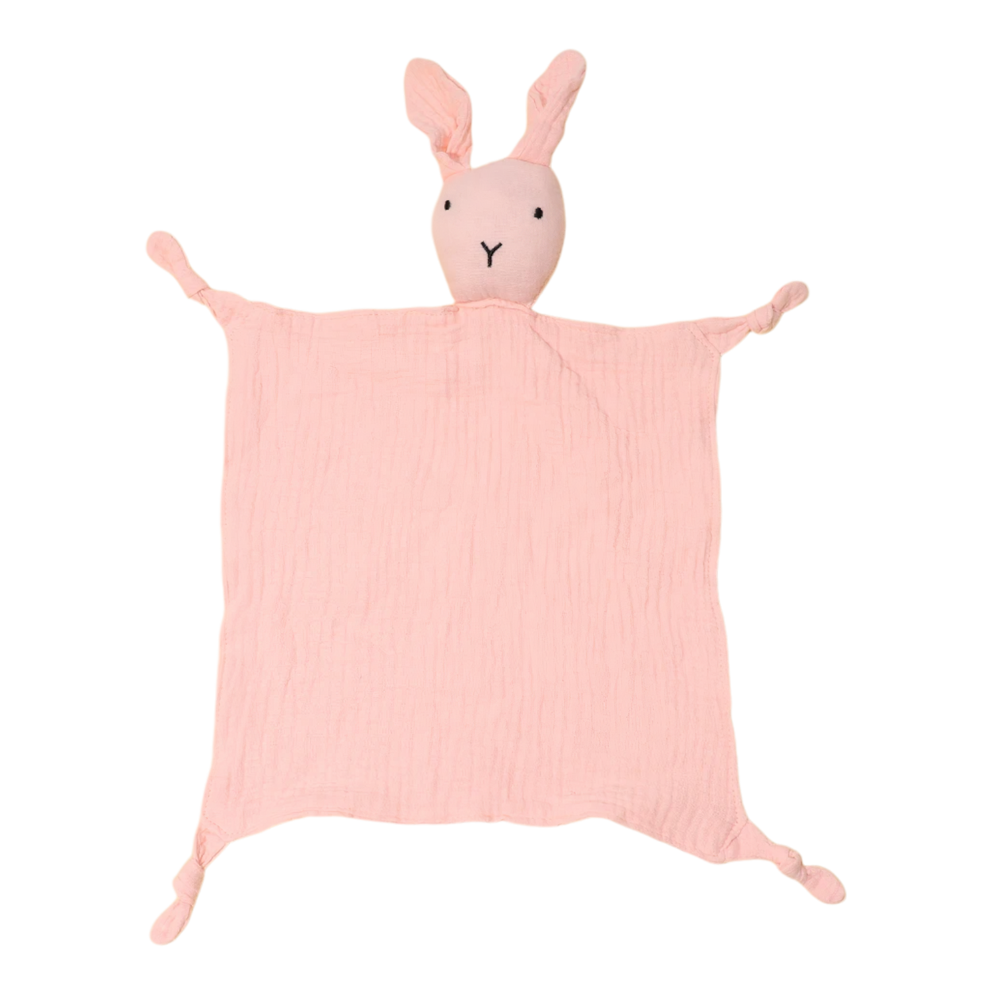 Die Babydecke Schnuffel Rosa [33x46cm] von Hello World besteht aus einem weichen, rosa, quadratischen Stoff mit geknoteten Ecken und einem plüschigen Hasenkopf - ein ideales Babygeschenk.