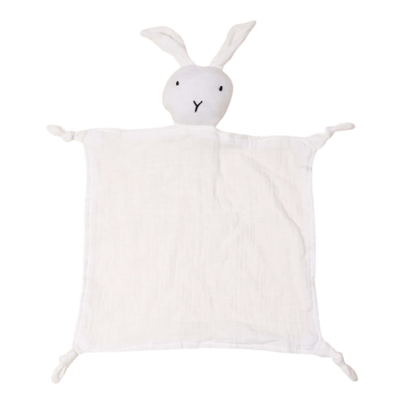 Der Hello World Schnuffel Weiss [33x46cm] ist eine weiche, weiße Kuscheldecke für Babys mit einem Hasenkopf, gestickten Augen und Nase und geknoteten Ecken - ideal als Babygeschenk.