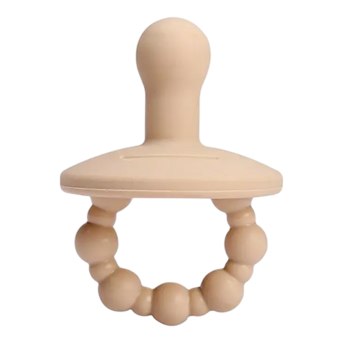 Der Hello World Schnuller Beige [4,5 x 6 cm] hat einen abgerundeten Nippel, ein flaches Schild und einen mit Perlen besetzten Ringgriff für sanften Komfort, der auf einem schlichten weißen Hintergrund dargestellt ist.