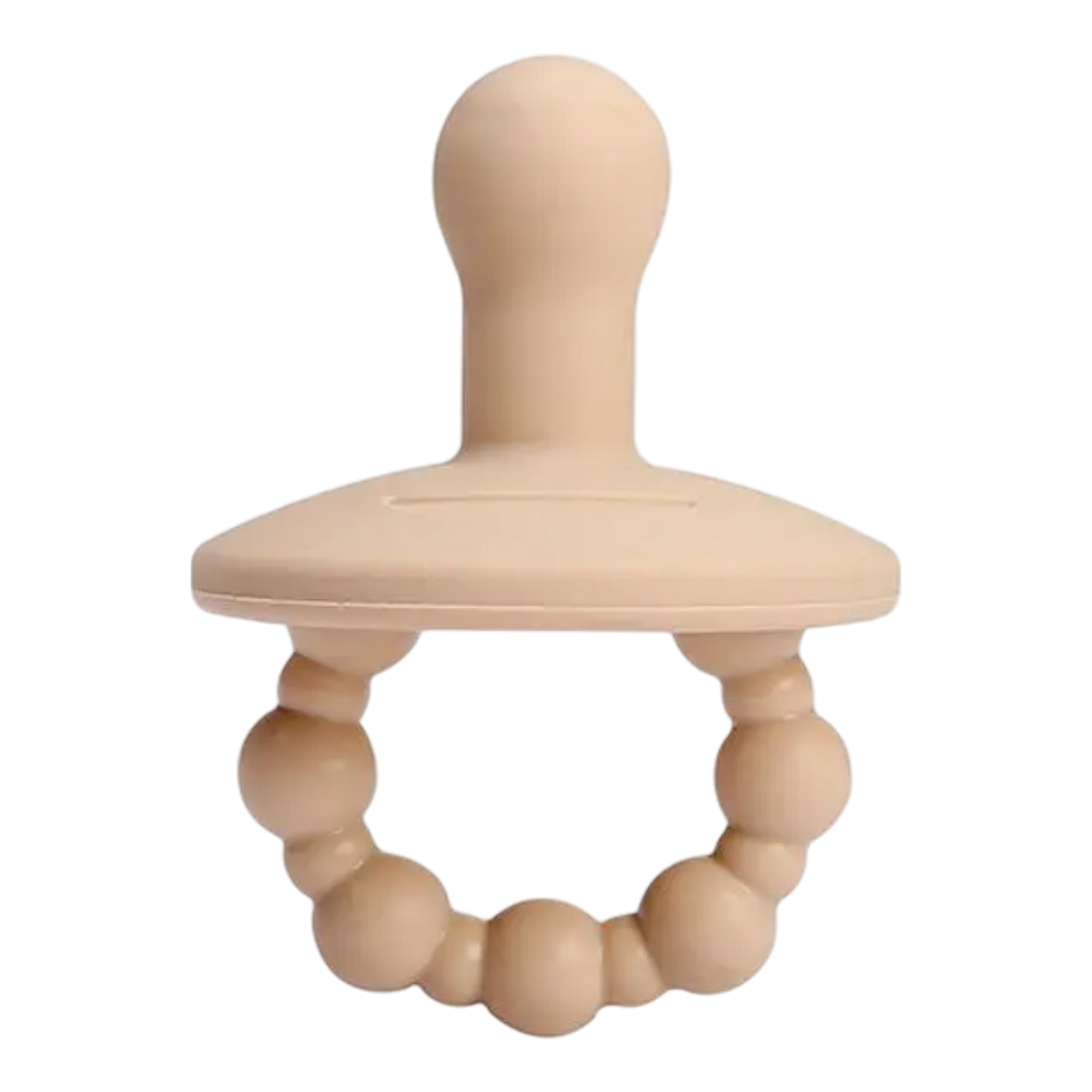 Der Hello World Schnuller Beige [4,5 x 6 cm] hat einen abgerundeten Nippel, ein flaches Schild und einen mit Perlen besetzten Ringgriff für sanften Komfort, der auf einem schlichten weißen Hintergrund dargestellt ist.