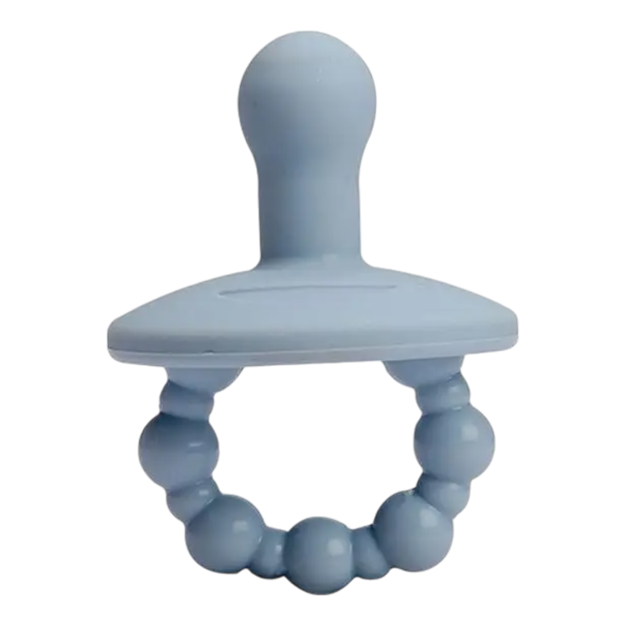 Der Hello World Schnuller Blau [4,5x6cm] ist ein blauer Silikonschnuller mit Perlenringgriff und bauchigem Nippel, ideal als Geschenk Babyparty oder zur Beruhigung von Kleinkindern.