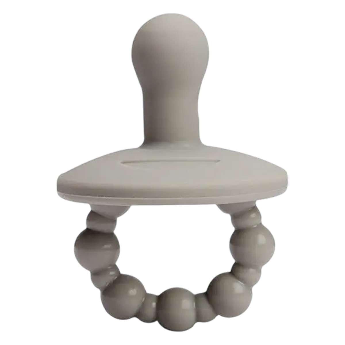 Der Hello World Schnuller Grau [4,5x6cm] besticht durch seine zeitlose Eleganz mit einem runden Perlengriff und einem glatten, zwiebelförmigen Nippel, der vor einem schlichten weißen Hintergrund steht.