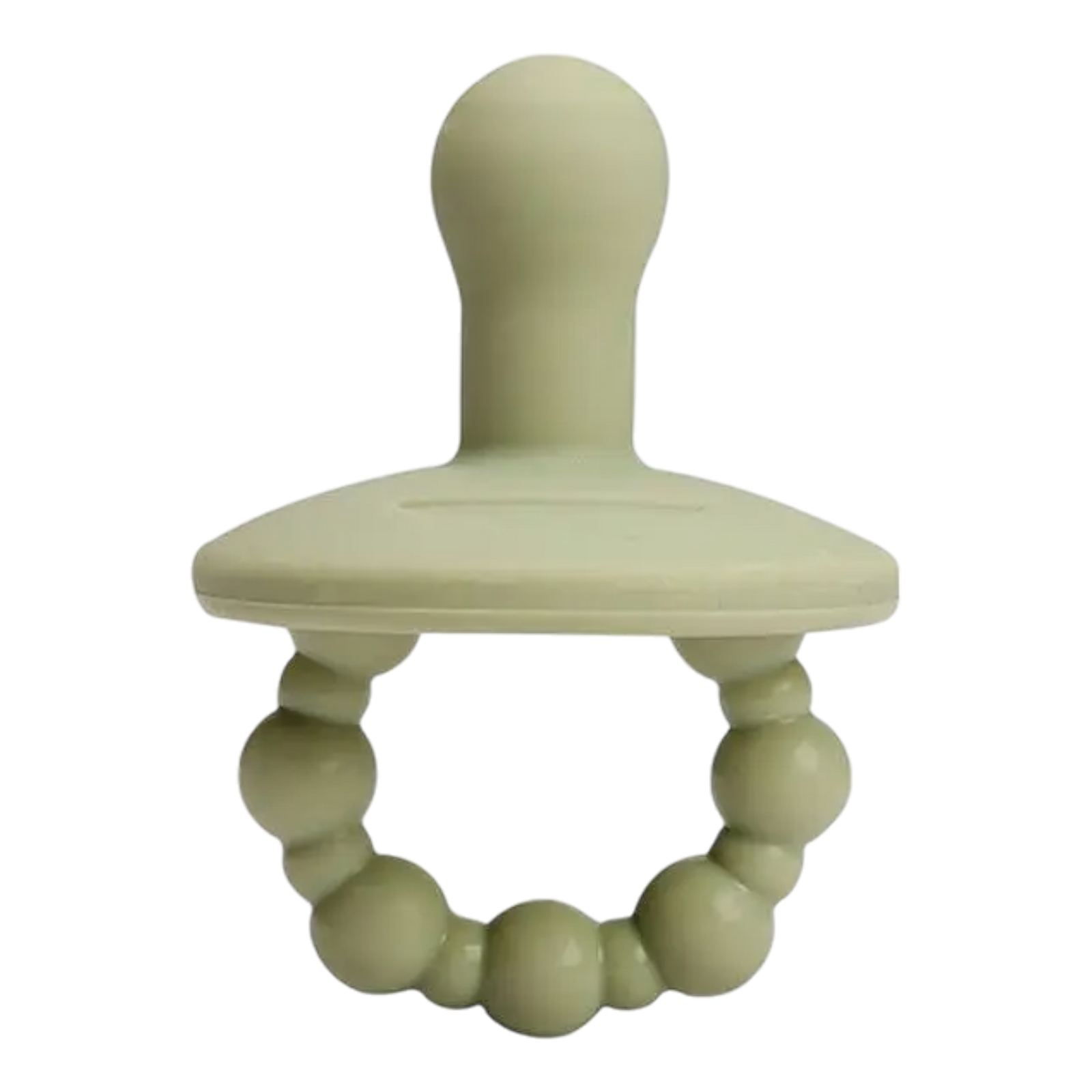 Der Hello World Schnuller Grün [4,5x6cm] ist ein grüner Silikonschnuller mit Perlenringgriff und abgerundetem Nippel in natürlichem Design, isoliert auf weißem Hintergrund dargestellt.