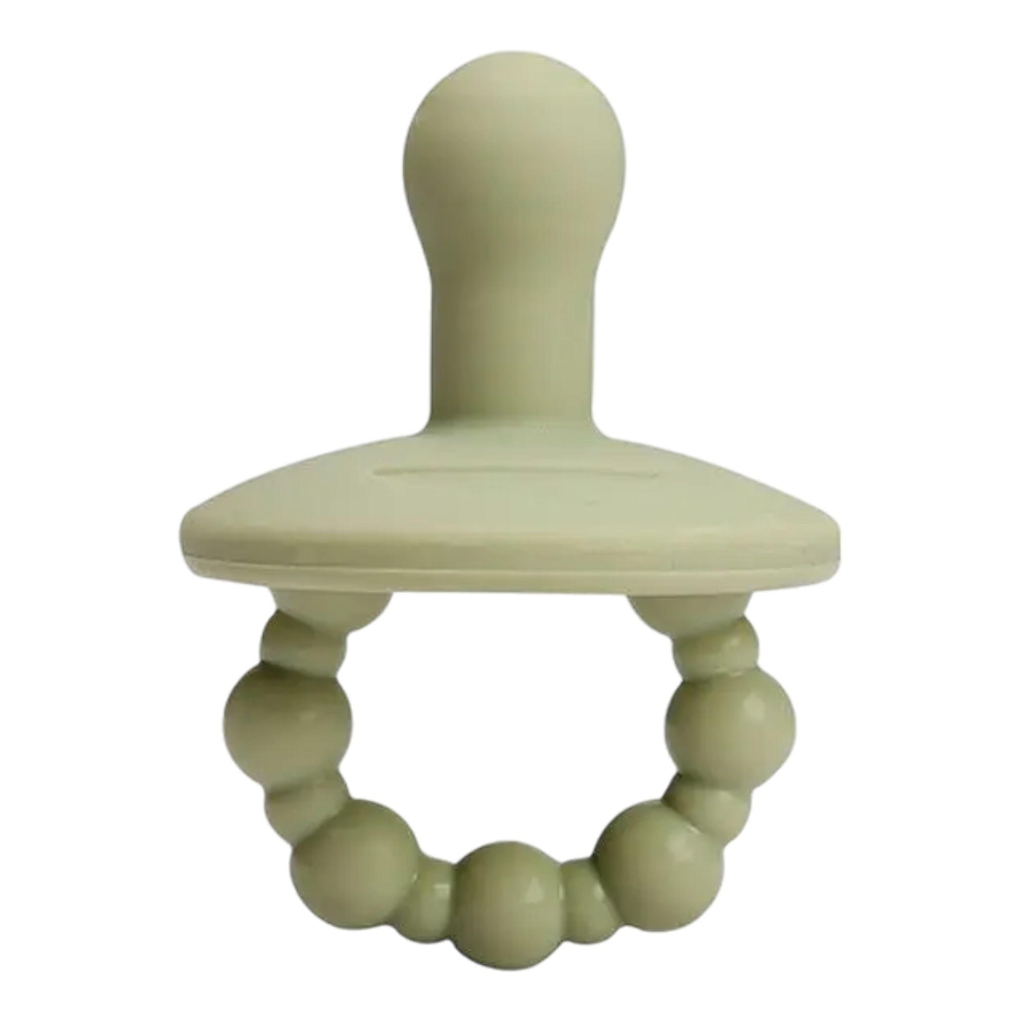 Der Hello World Schnuller Grün [4,5x6cm] ist ein grüner Silikonschnuller mit Perlenringgriff und abgerundetem Nippel in natürlichem Design, isoliert auf weißem Hintergrund dargestellt.