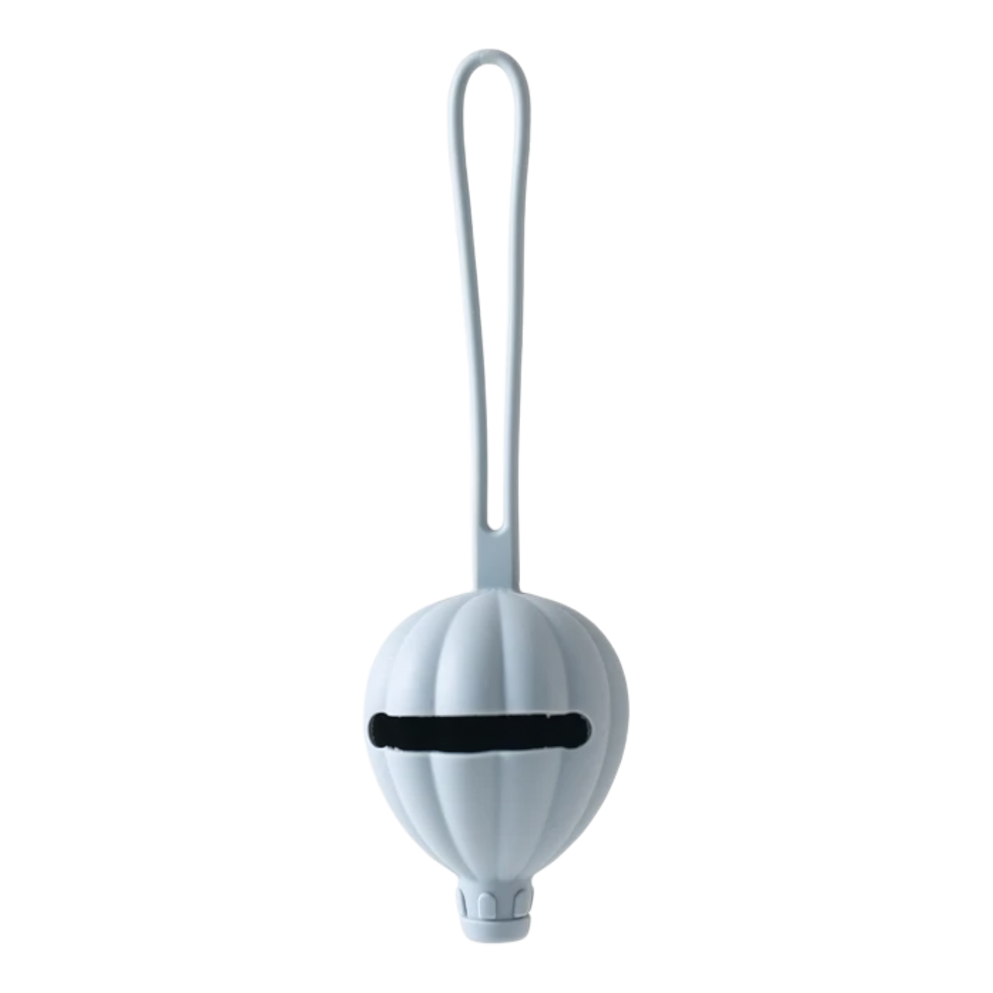 Die Hello World Schnullertasche Heissluftballon Blau [7x22,5cm] ist ein ballonförmiger Silikonschnullerhalter mit vertikalem Schlitz und Schlaufengriff - ideal zur Aufbewahrung von Schnullern und als durchdachtes Babygeschenk, abgebildet auf weißem Hintergrund.