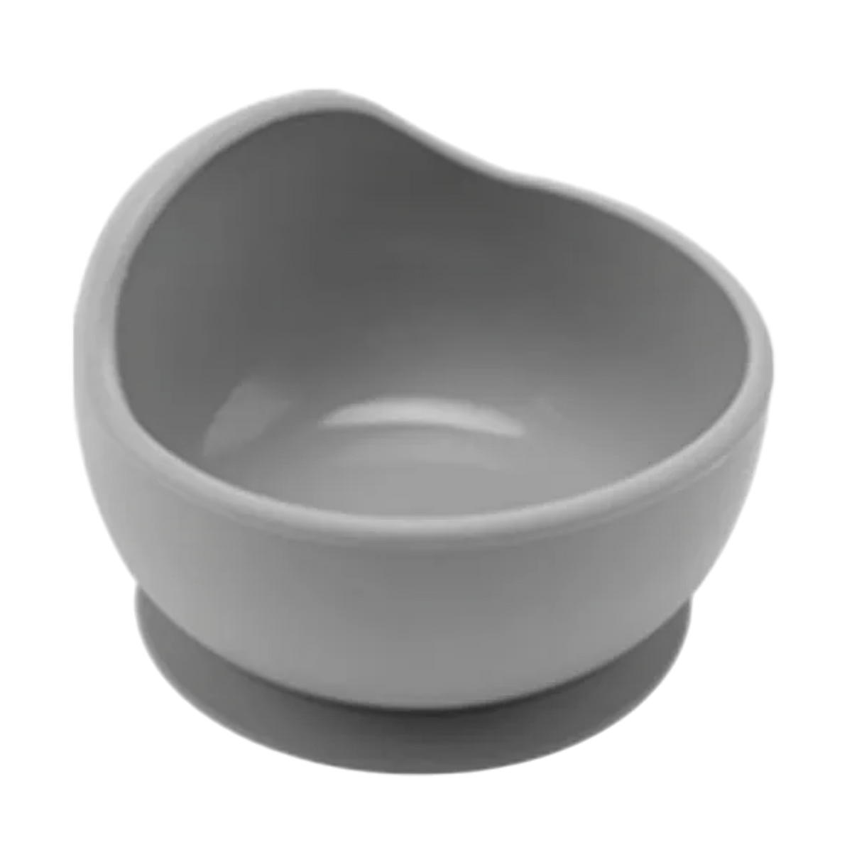 Die Hello World Schüssel rund Grau [12x8cm] ist ein BPA-freier, runder Babyteller mit Saugfuß und erhöhtem Rand für leichtes Löffeln - ideal für sicheres und bequemes Essen, abgebildet auf weißem Hintergrund.