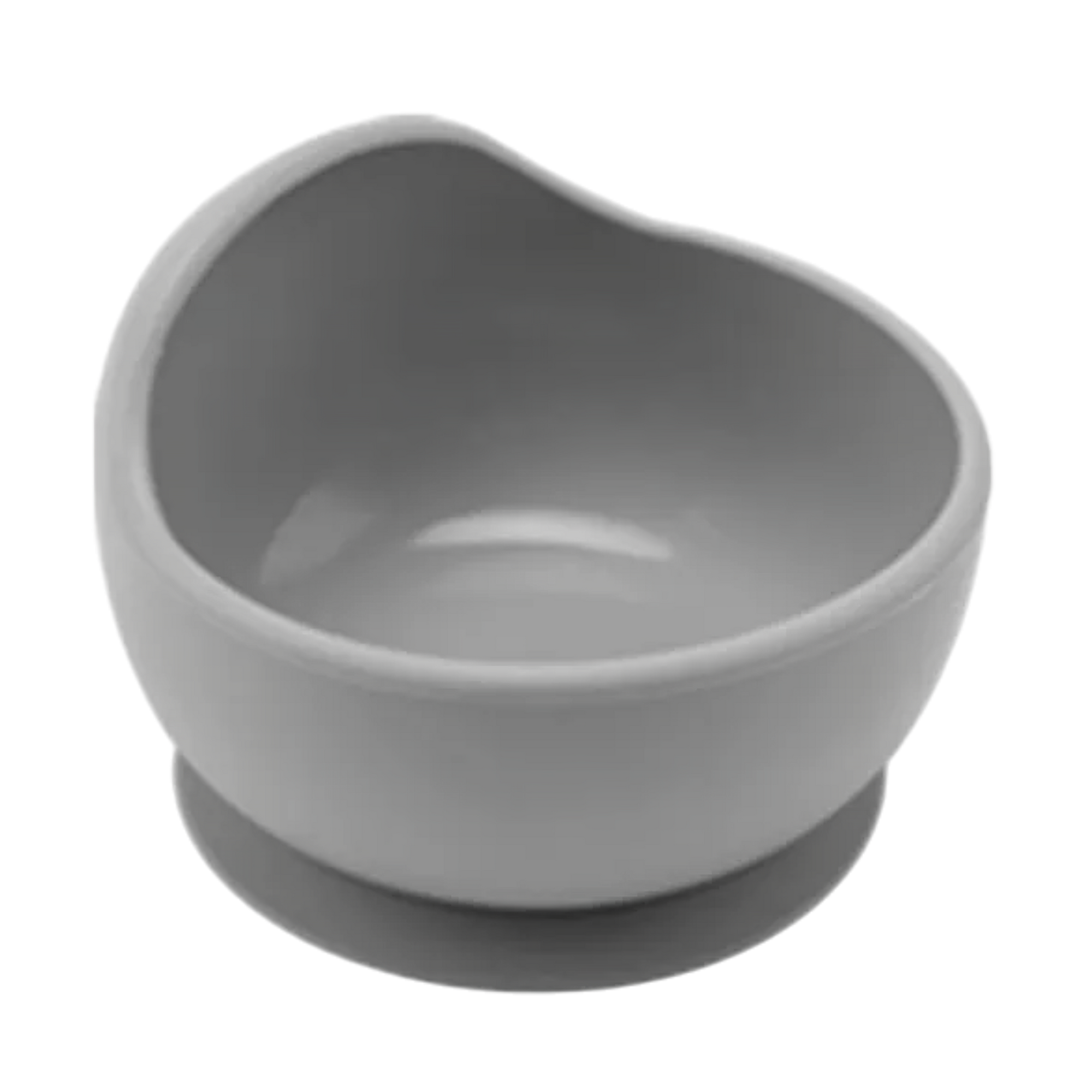 Die Hello World Schüssel rund Grau [12x8cm] ist ein BPA-freier, runder Babyteller mit Saugfuß und erhöhtem Rand für leichtes Löffeln - ideal für sicheres und bequemes Essen, abgebildet auf weißem Hintergrund.