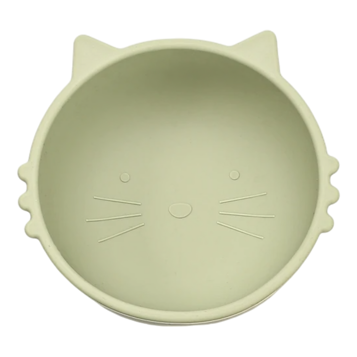 Die Hello World Schüssel rund Katze Grün [12x5cm] ist eine runde, hellgrüne, katzenförmige Schüssel mit geprägten Schnurrhaaren, einem Nasenmotiv und kleinen Ohren auf der Oberseite.