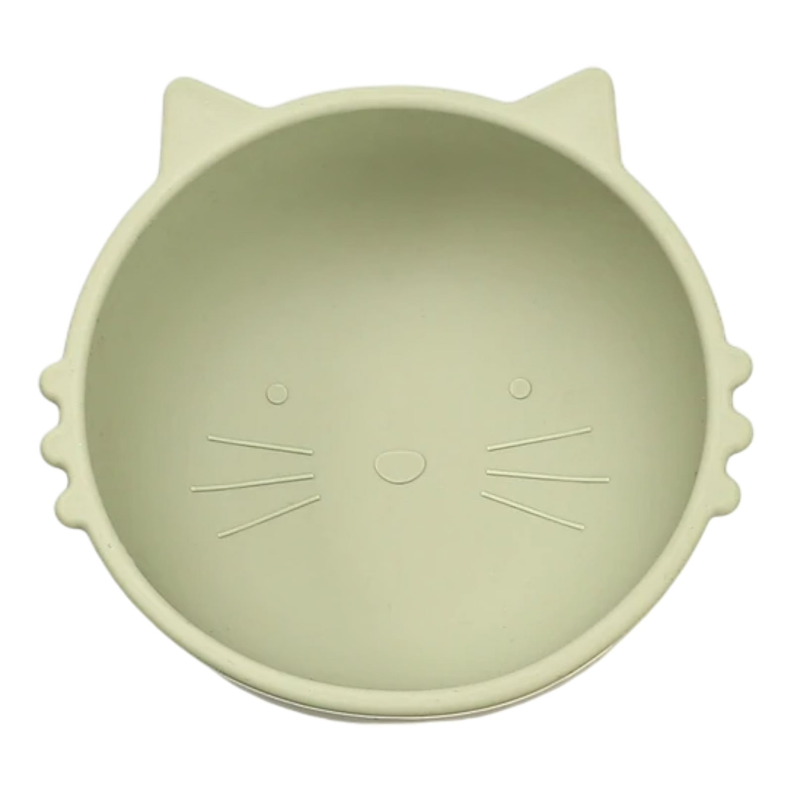 Die Hello World Schüssel rund Katze Grün [12x5cm] ist eine runde, hellgrüne, katzenförmige Schüssel mit geprägten Schnurrhaaren, einem Nasenmotiv und kleinen Ohren auf der Oberseite.
