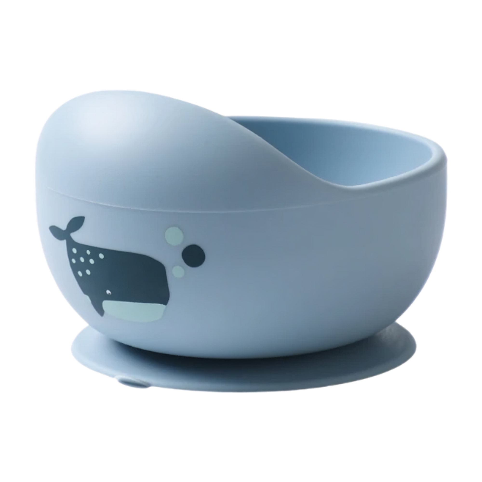 Die Hello World Schüssel rund mit Motiv Blau [12x8cm] hat ein Walmotiv, einen Saugfuß, der das Auslaufen verhindert, und ist ideal als Kindergeschirr für Babys.