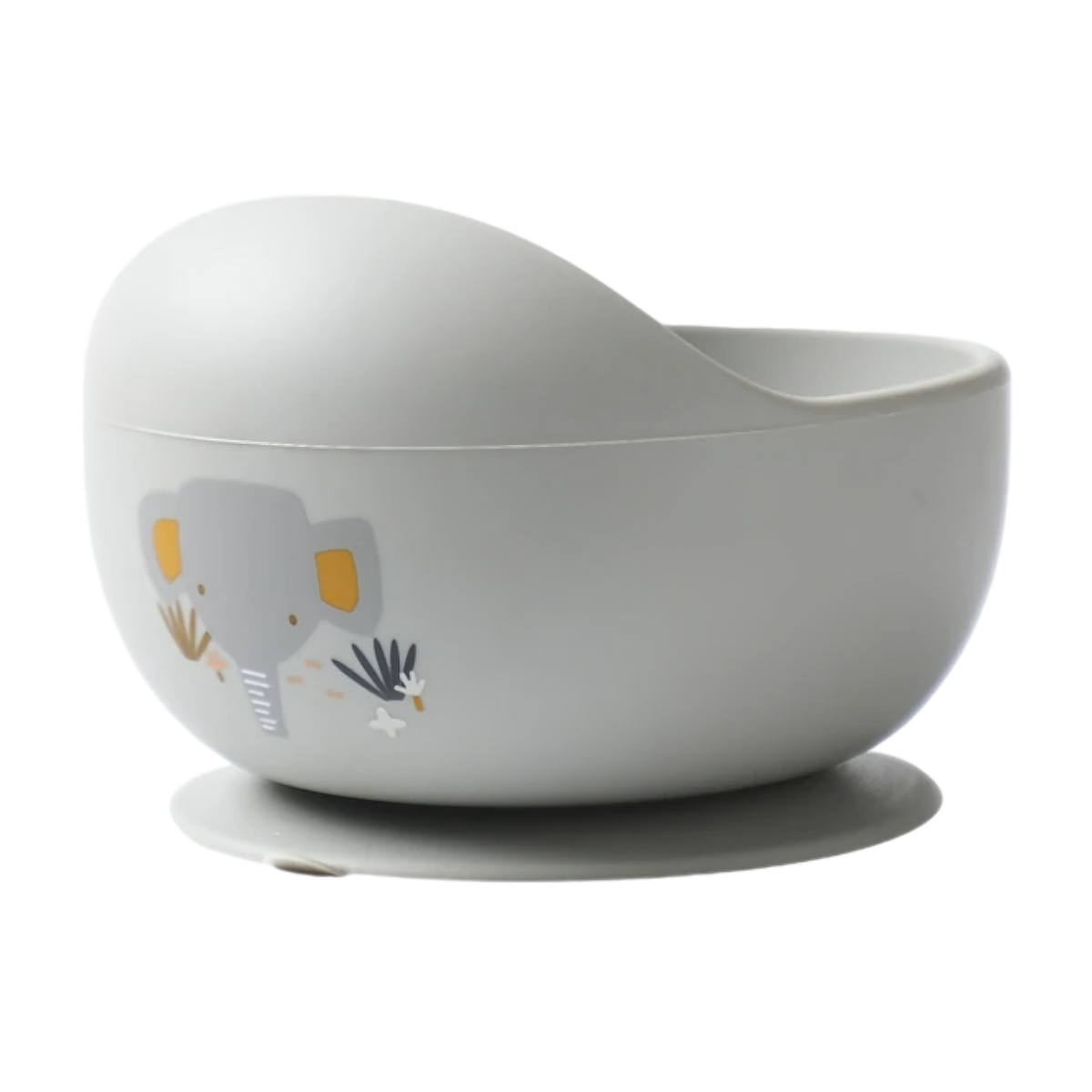 Die hellgraue Hello World Schüssel rund mit Motiv Grau [12x8cm] hat einen runden Deckel, einen Saugfuß und ein niedliches Elefantenmotiv an der Seite.