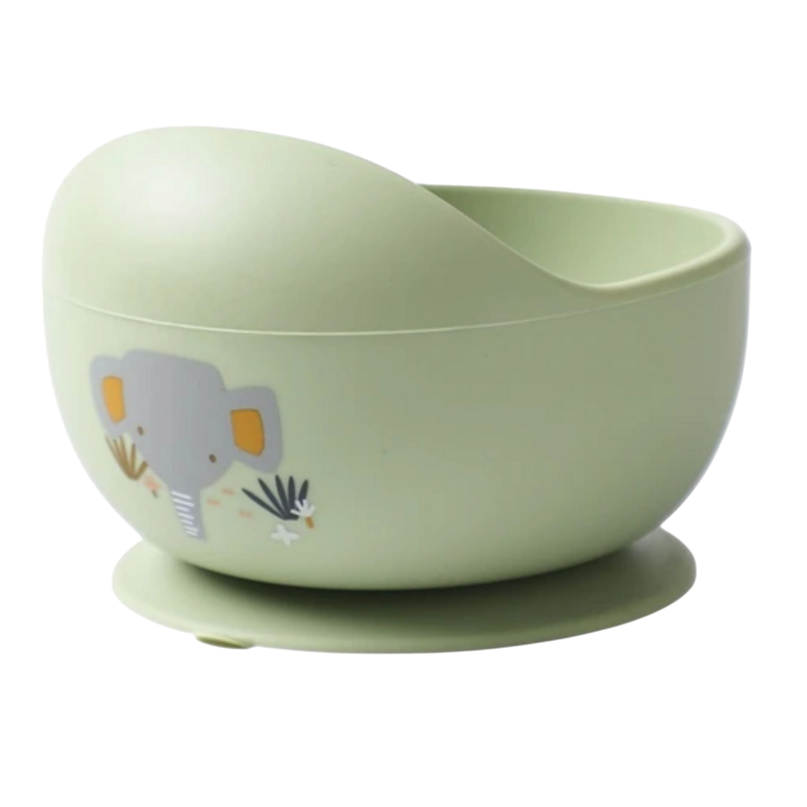 Die Hello World Schüssel rund mit Motiv Grün [12x8cm] hat einen Saugfuß, hohen Rand zum leichten Auslöffeln und ein süßes Elefantenmotiv vorne.