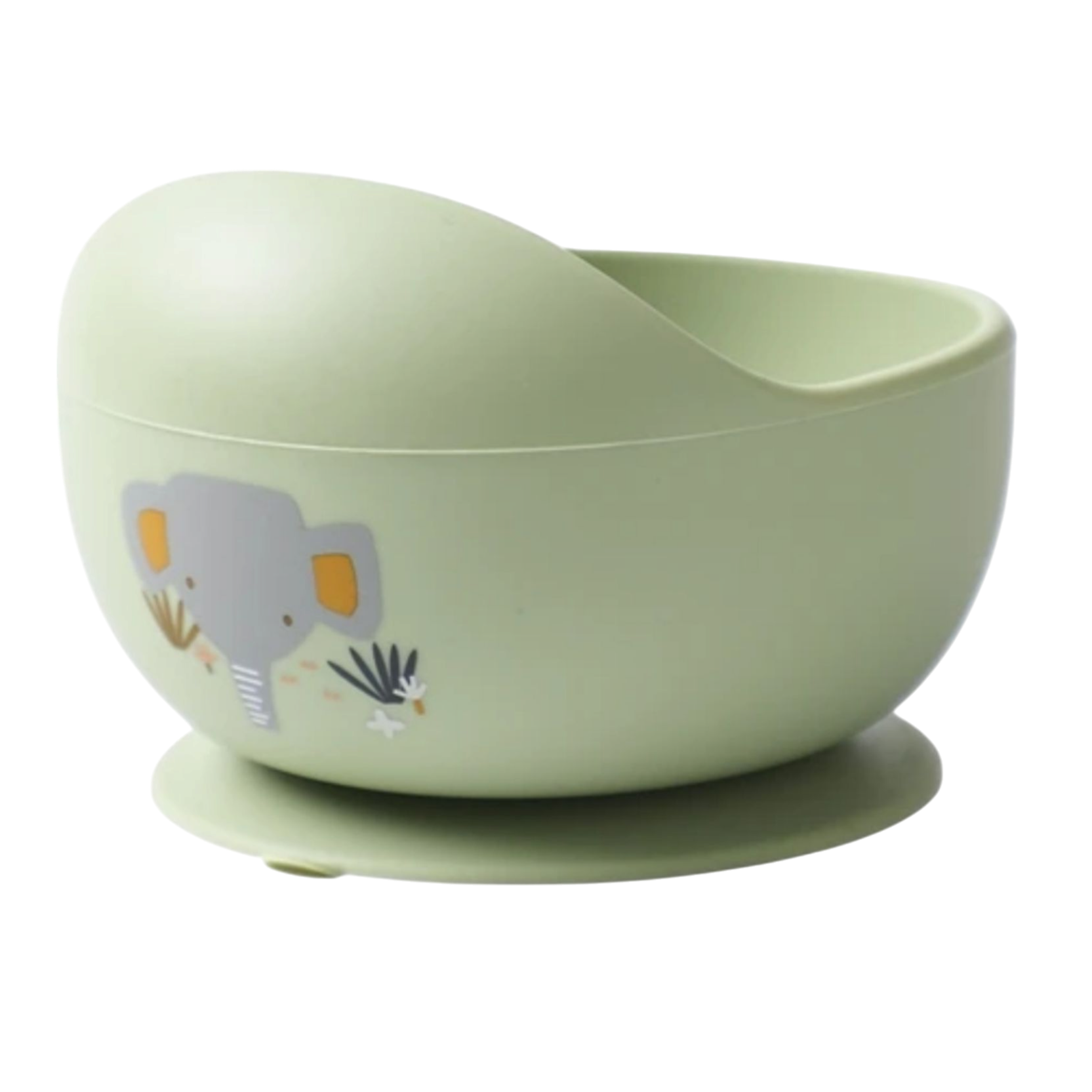Die Hello World Schüssel rund mit Motiv Grün [12x8cm] hat einen Saugfuß, hohen Rand zum leichten Auslöffeln und ein süßes Elefantenmotiv vorne.