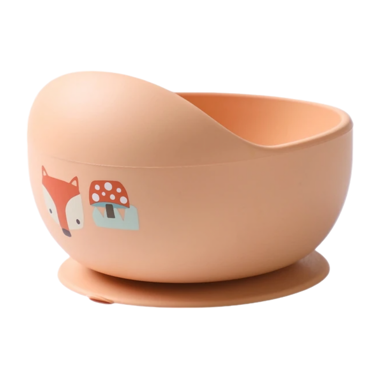 Die Schüssel rund mit Motiv Orange [12x8cm] von Hello World verfügt über einen Saugfuß und einen niedlichen Fuchs mit rot-weißem Pilzdesign - eine entzückende Note für Kindergeschirr. Abgebildet auf einfarbig weißem Hintergrund.